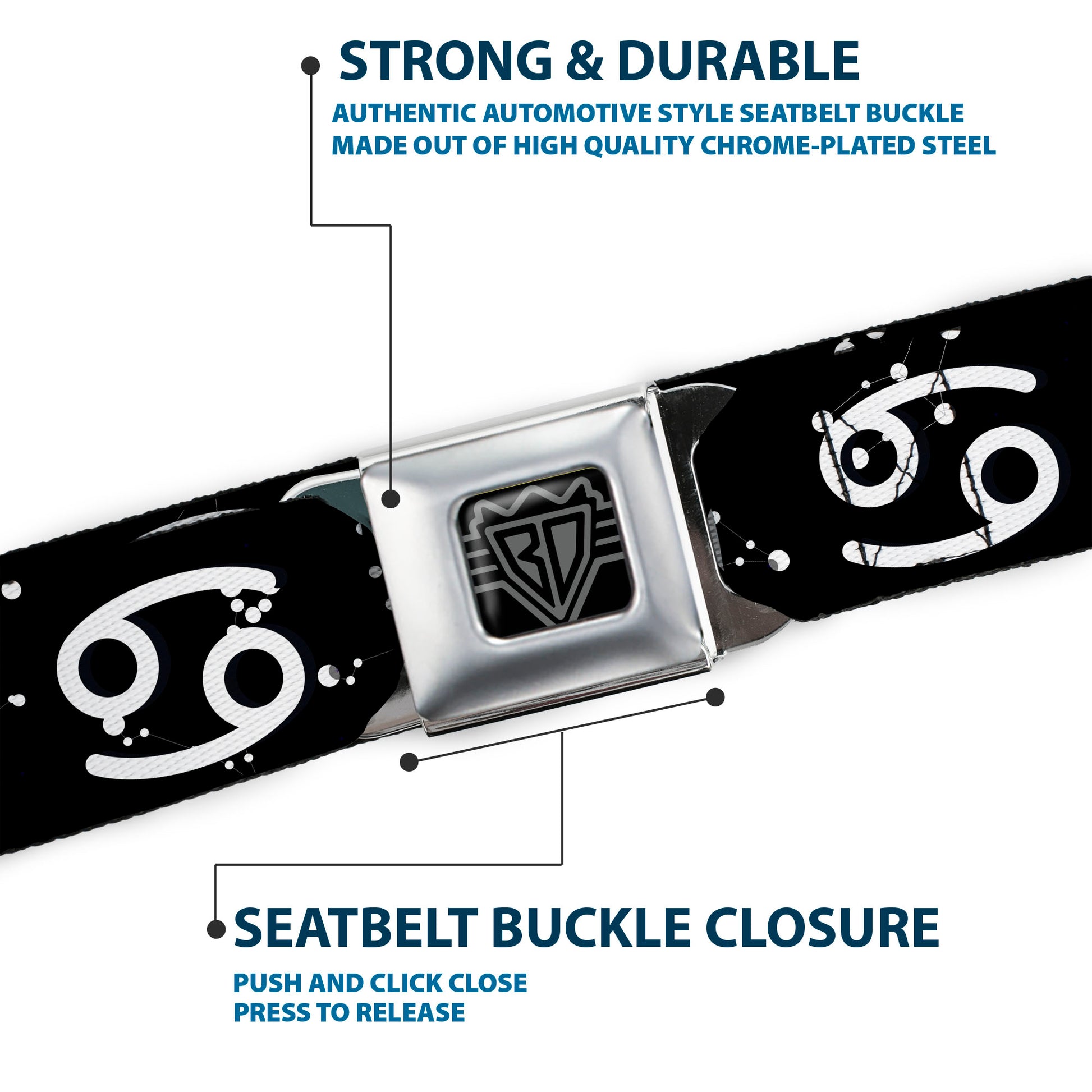 BD Wings Logo CLOSE-UP Full Color Black Silver Seatbelt Belt - Zodiac Cancer Symbol/Constellations Black/White Webbing Seatbelt Belts Buckle-Down