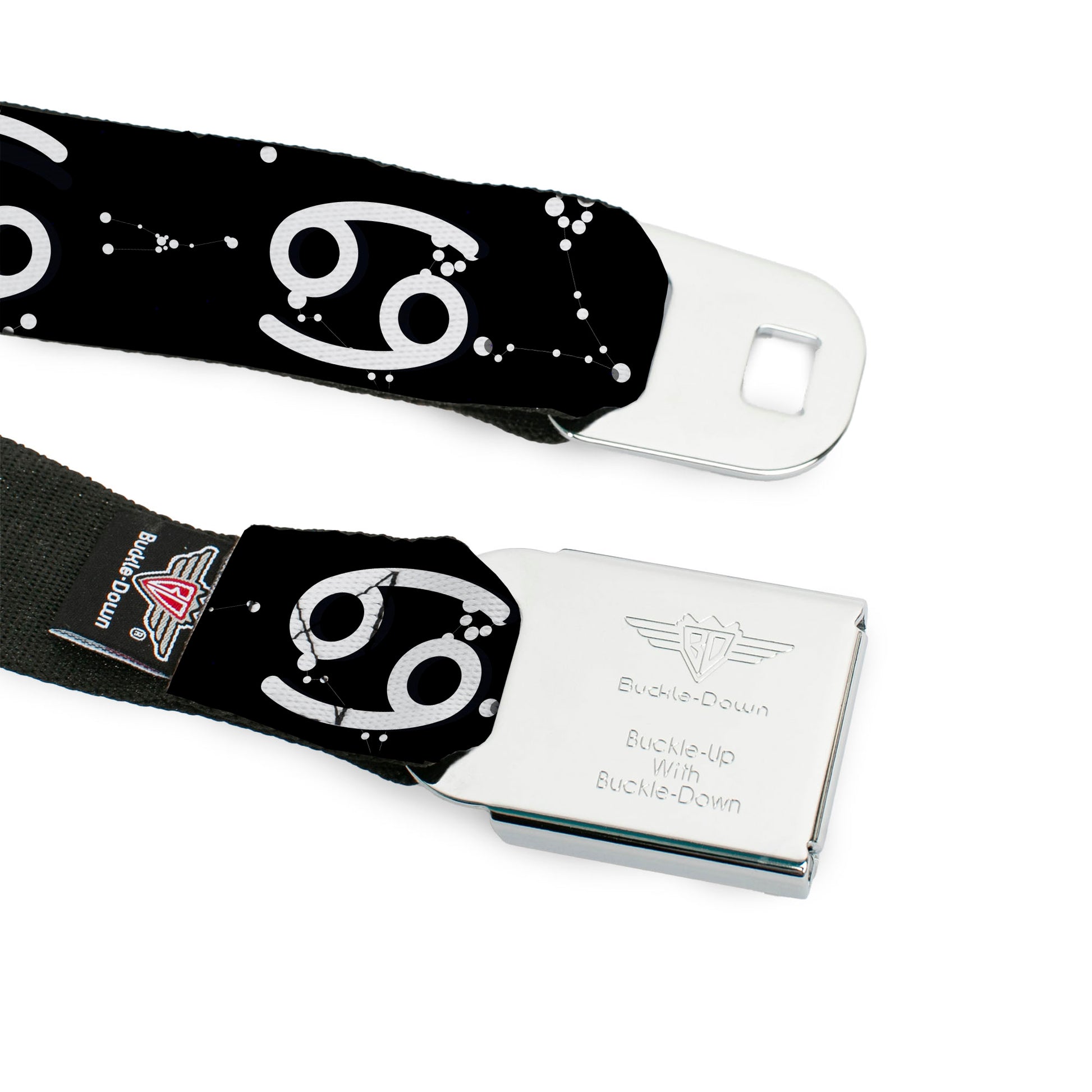BD Wings Logo CLOSE-UP Full Color Black Silver Seatbelt Belt - Zodiac Cancer Symbol/Constellations Black/White Webbing Seatbelt Belts Buckle-Down