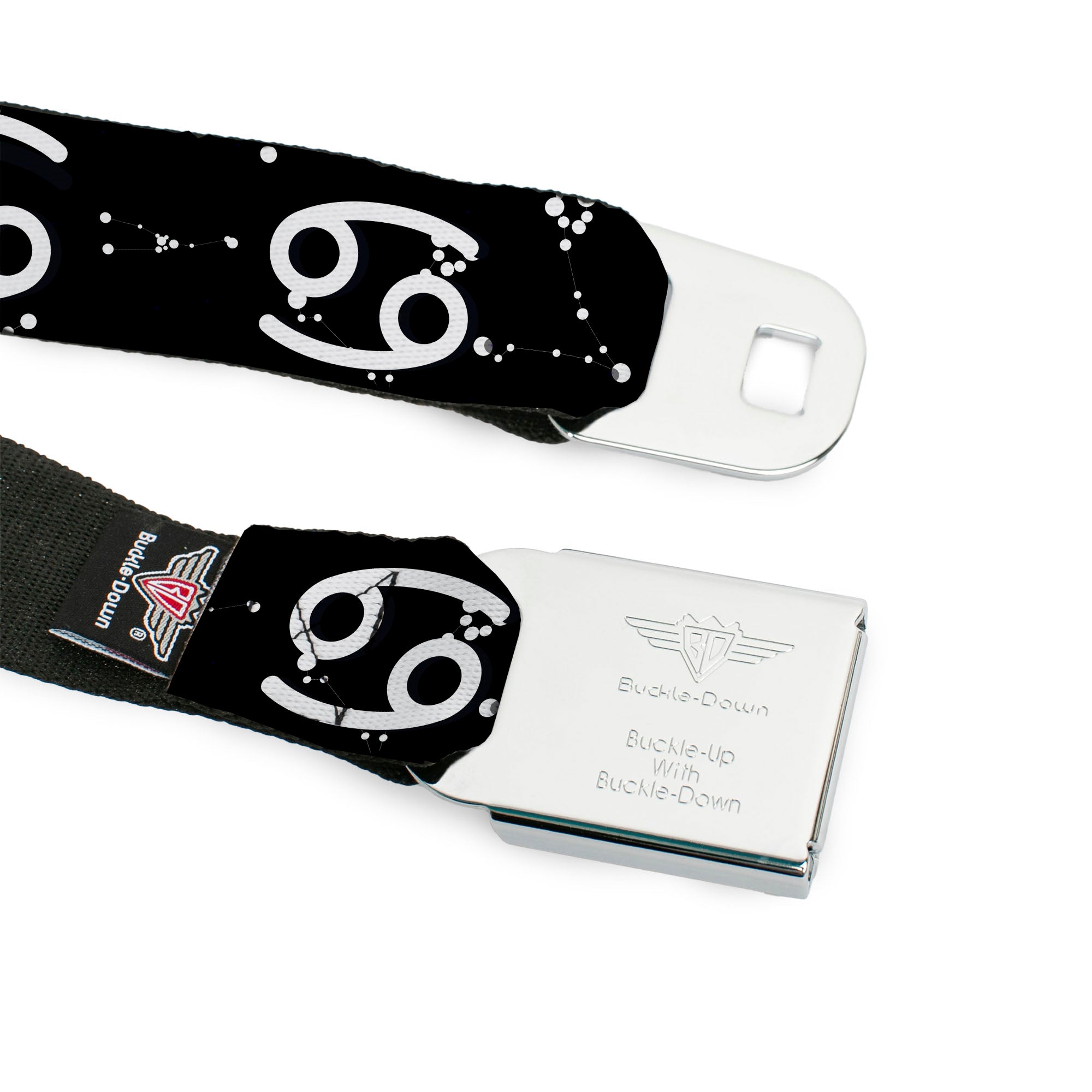 BD Wings Logo CLOSE-UP Full Color Black Silver Seatbelt Belt - Zodiac Cancer Symbol/Constellations Black/White Webbing Seatbelt Belts Buckle-Down