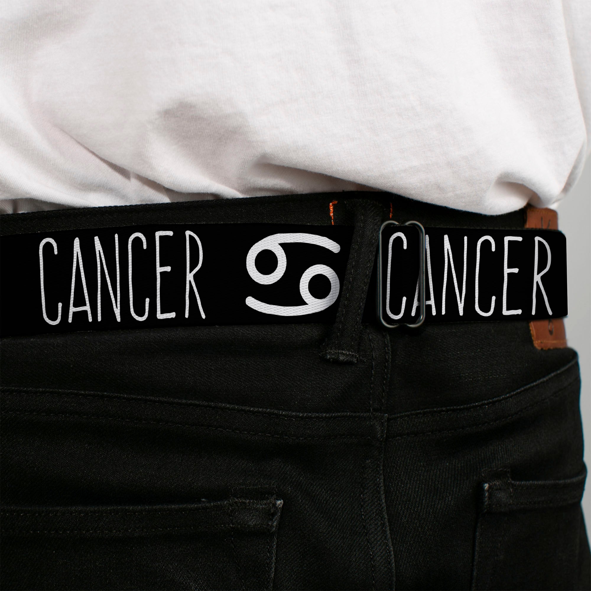BD Wings Logo CLOSE-UP Full Color Black Silver Seatbelt Belt - Zodiac CANCER/Symbol Black/White Webbing Seatbelt Belts Buckle-Down