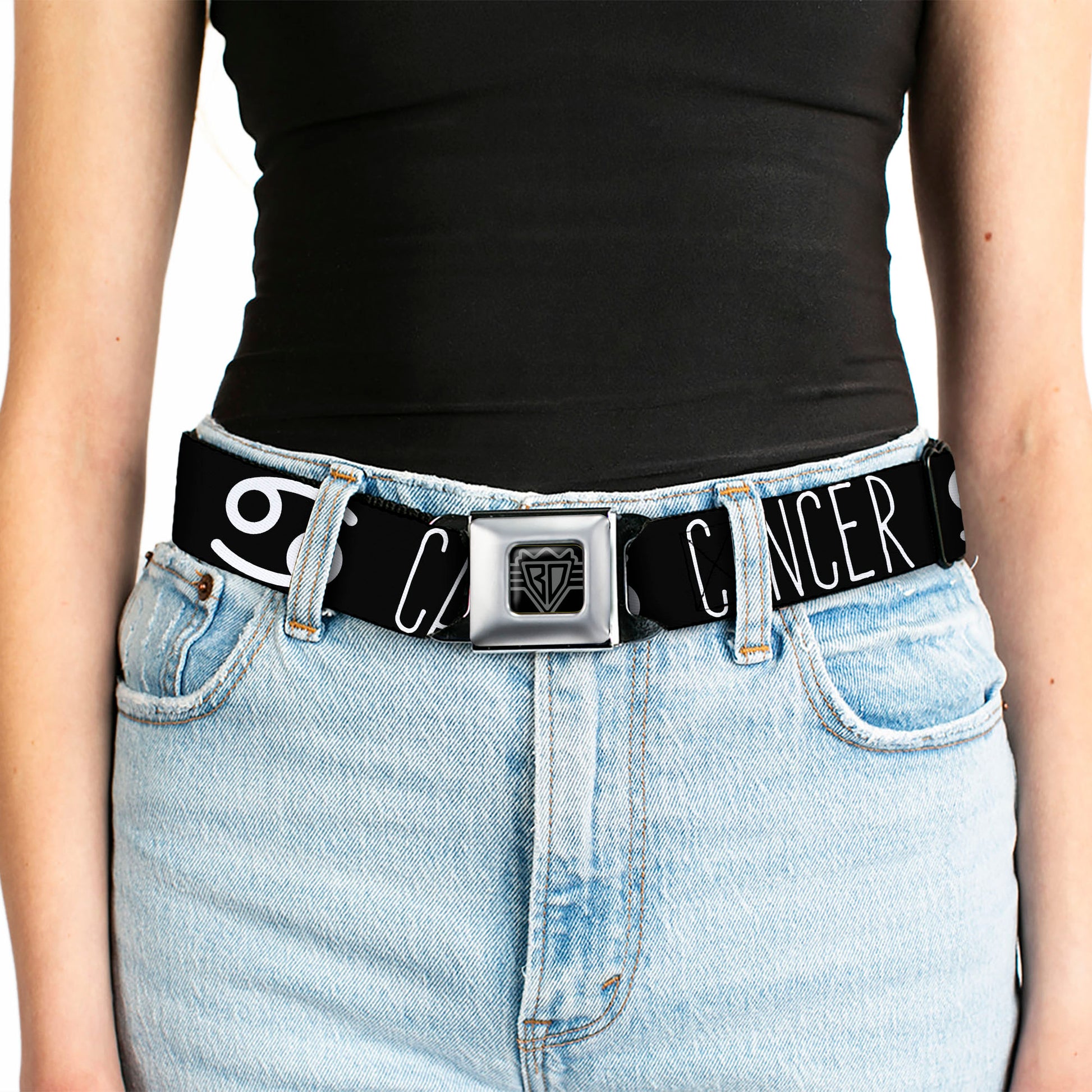 BD Wings Logo CLOSE-UP Full Color Black Silver Seatbelt Belt - Zodiac CANCER/Symbol Black/White Webbing Seatbelt Belts Buckle-Down