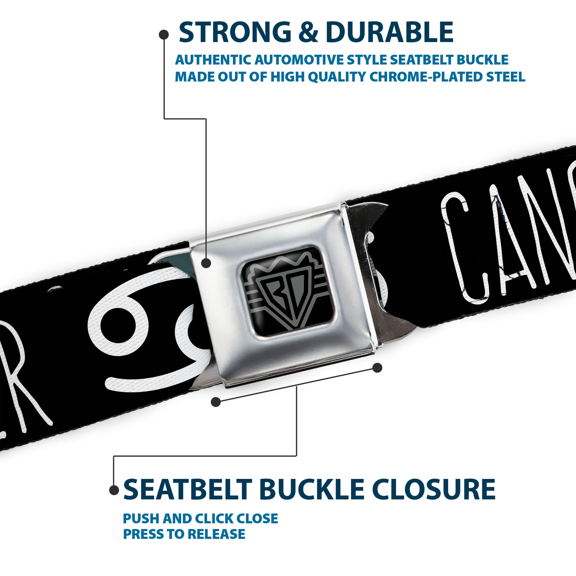 BD Wings Logo CLOSE-UP Full Color Black Silver Seatbelt Belt - Zodiac CANCER/Symbol Black/White Webbing Seatbelt Belts Buckle-Down