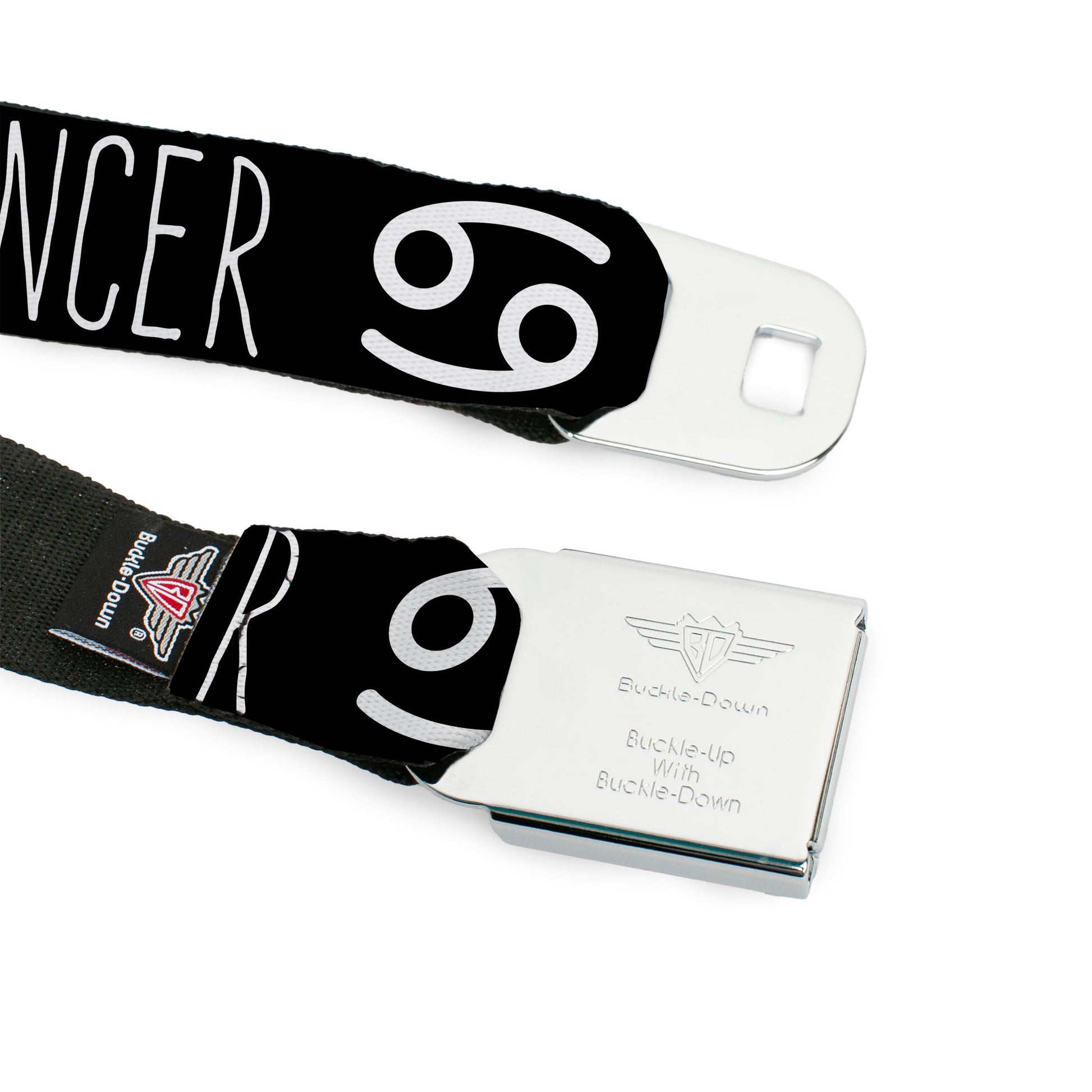 BD Wings Logo CLOSE-UP Full Color Black Silver Seatbelt Belt - Zodiac CANCER/Symbol Black/White Webbing Seatbelt Belts Buckle-Down