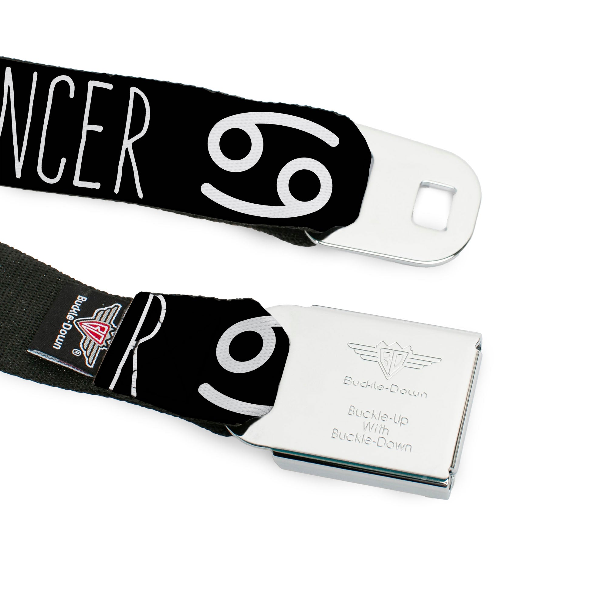 BD Wings Logo CLOSE-UP Full Color Black Silver Seatbelt Belt - Zodiac CANCER/Symbol Black/White Webbing Seatbelt Belts Buckle-Down