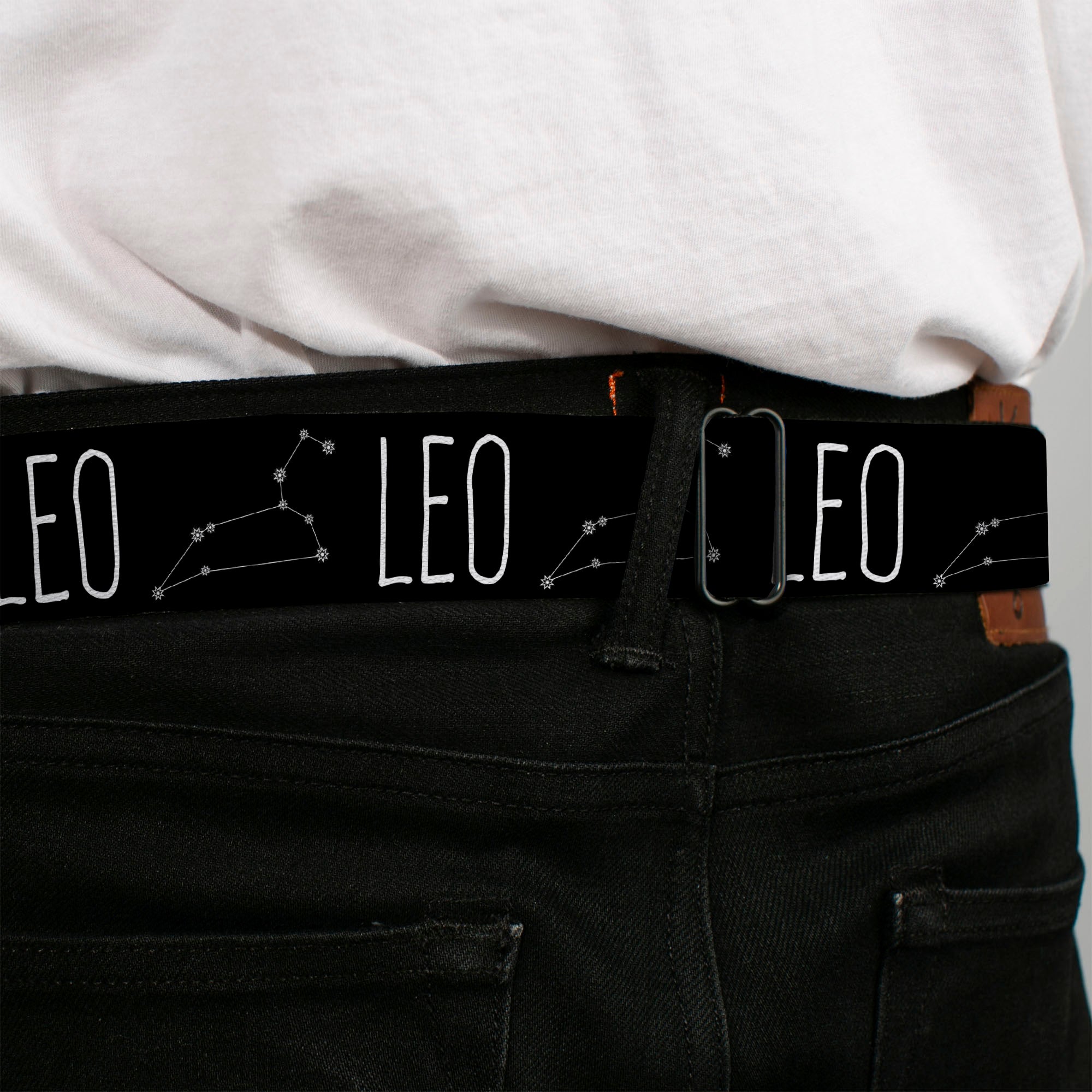 BD Wings Logo CLOSE-UP Full Color Black Silver Seatbelt Belt - Zodiac LEO/Constellation Black/White Webbing Seatbelt Belts Buckle-Down