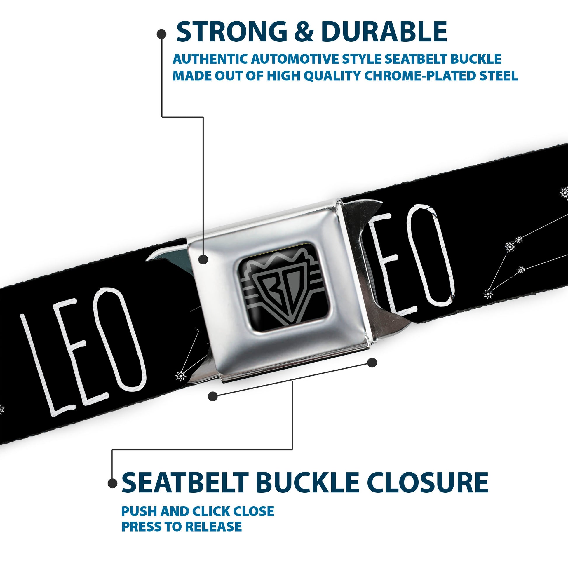 BD Wings Logo CLOSE-UP Full Color Black Silver Seatbelt Belt - Zodiac LEO/Constellation Black/White Webbing Seatbelt Belts Buckle-Down