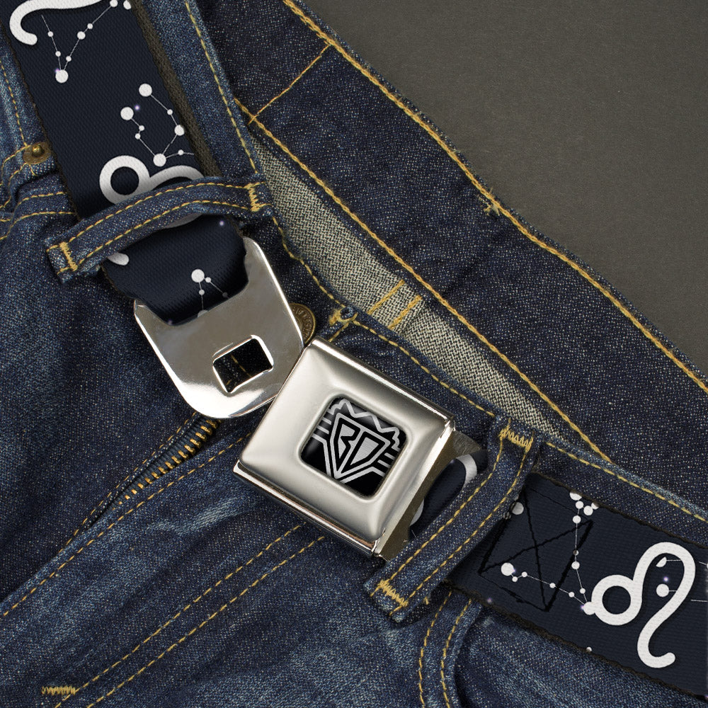 BD Wings Logo CLOSE-UP Full Color Black Silver Seatbelt Belt - Zodiac Leo Symbol/Constellations Black/White Webbing Seatbelt Belts Buckle-Down