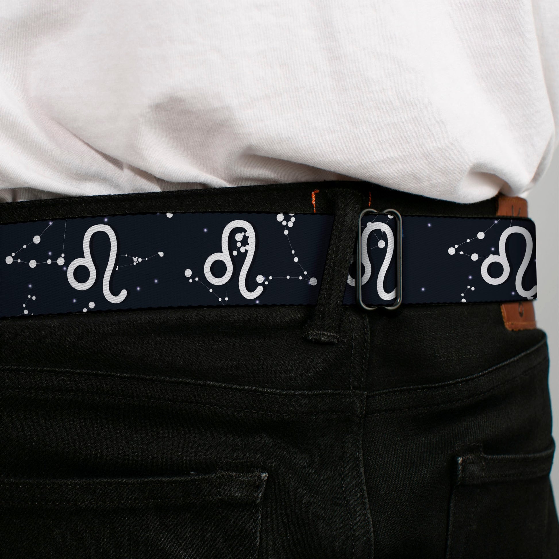 BD Wings Logo CLOSE-UP Full Color Black Silver Seatbelt Belt - Zodiac Leo Symbol/Constellations Black/White Webbing Seatbelt Belts Buckle-Down