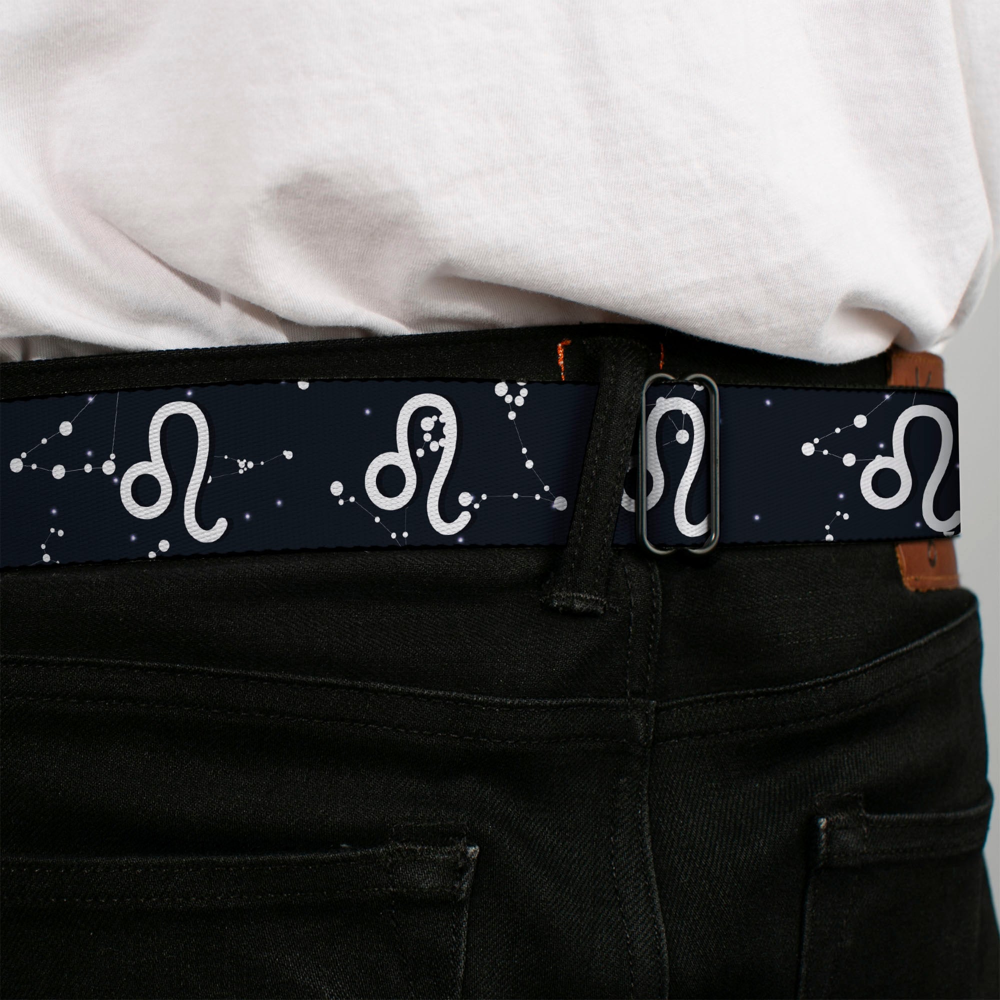 BD Wings Logo CLOSE-UP Full Color Black Silver Seatbelt Belt - Zodiac Leo Symbol/Constellations Black/White Webbing Seatbelt Belts Buckle-Down