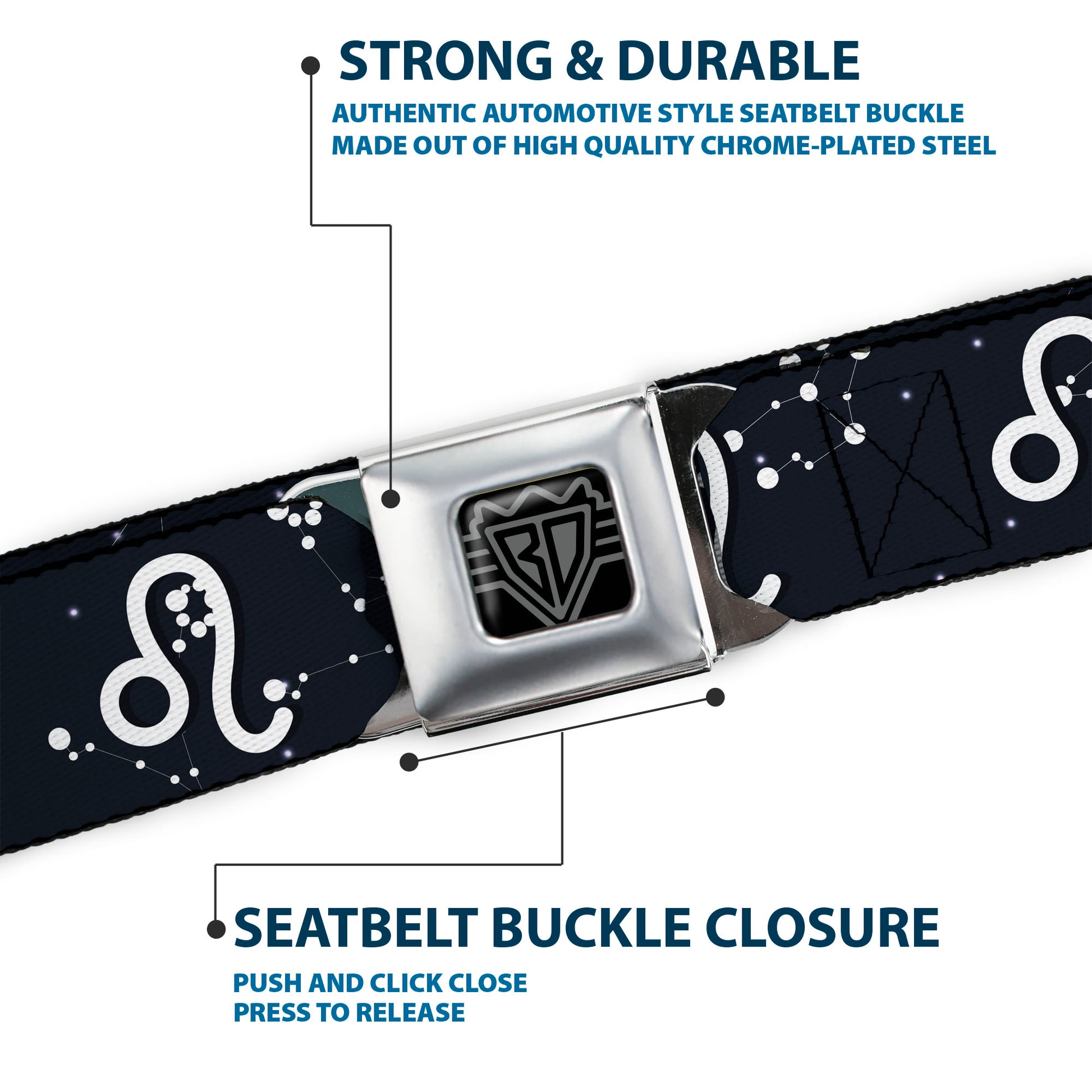 BD Wings Logo CLOSE-UP Full Color Black Silver Seatbelt Belt - Zodiac Leo Symbol/Constellations Black/White Webbing Seatbelt Belts Buckle-Down