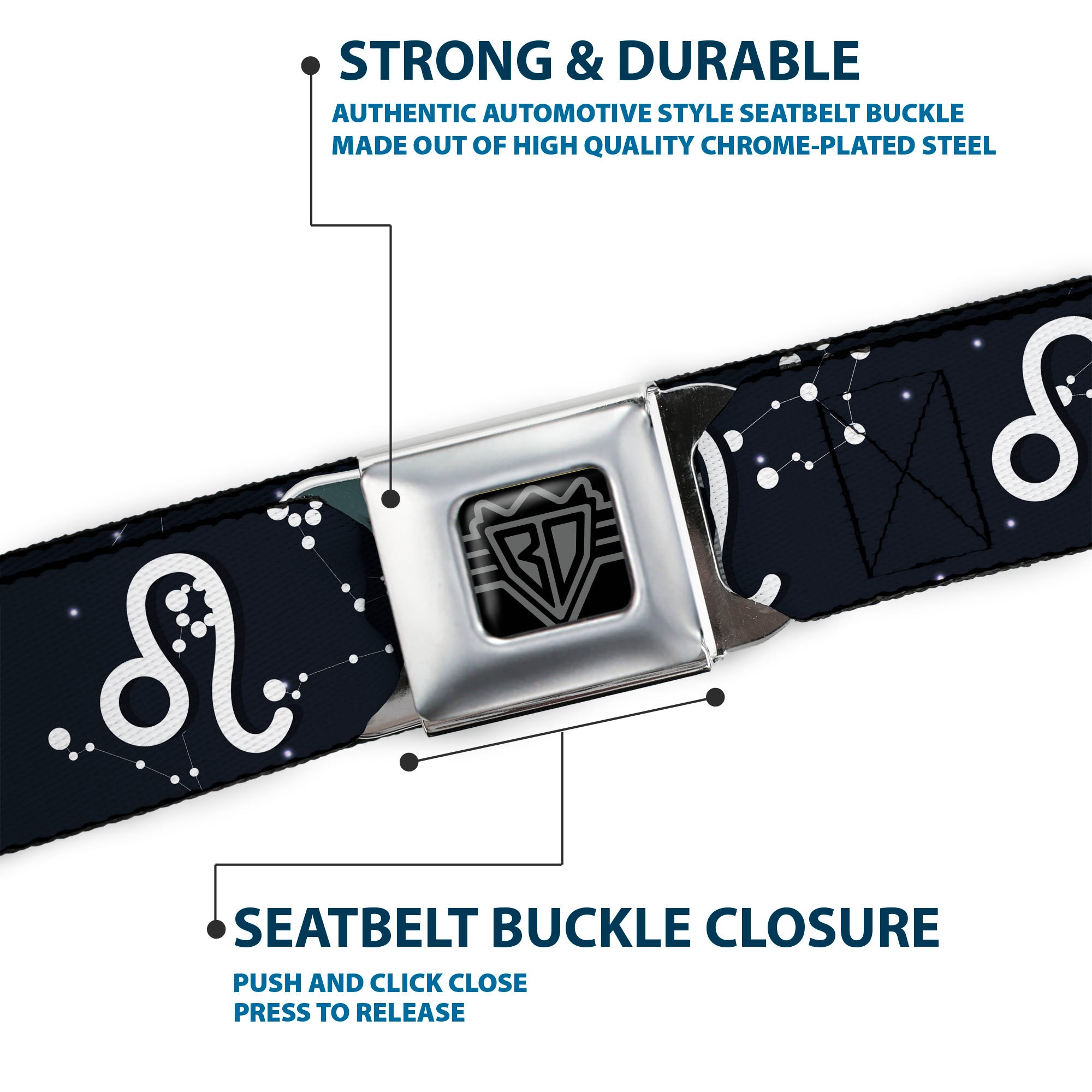 BD Wings Logo CLOSE-UP Full Color Black Silver Seatbelt Belt - Zodiac Leo Symbol/Constellations Black/White Webbing Seatbelt Belts Buckle-Down