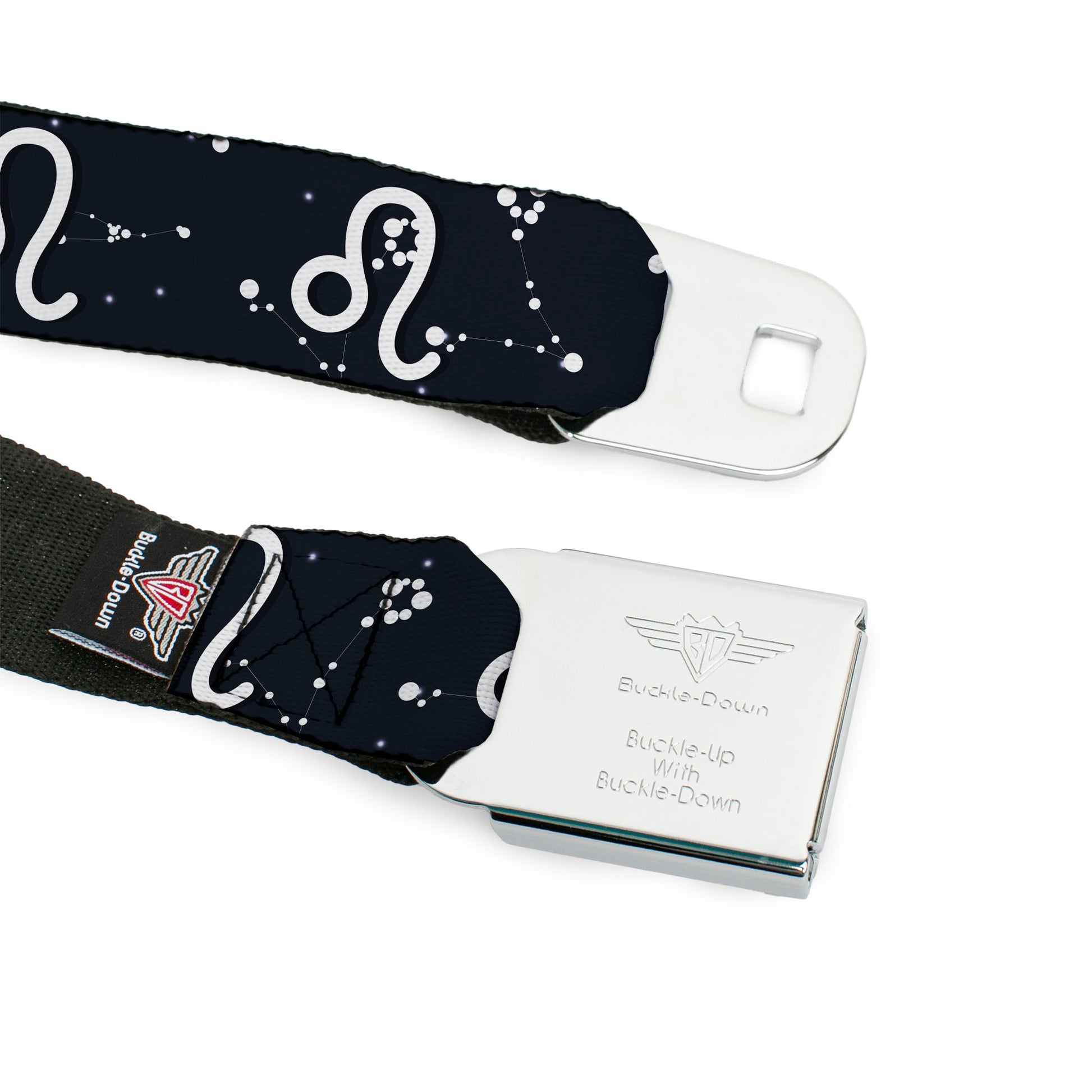 BD Wings Logo CLOSE-UP Full Color Black Silver Seatbelt Belt - Zodiac Leo Symbol/Constellations Black/White Webbing Seatbelt Belts Buckle-Down