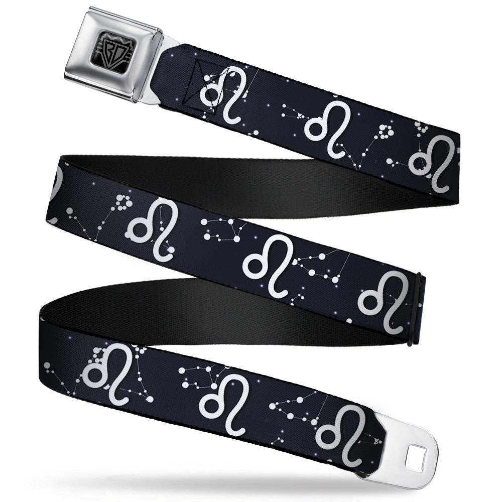 BD Wings Logo CLOSE-UP Full Color Black Silver Seatbelt Belt - Zodiac Leo Symbol/Constellations Black/White Webbing Seatbelt Belts Buckle-Down