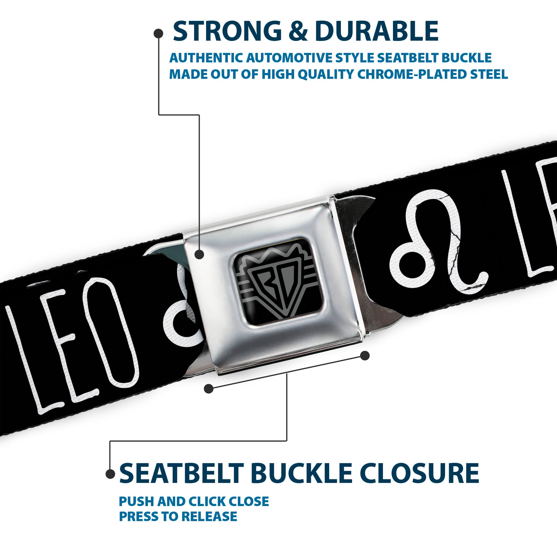 BD Wings Logo CLOSE-UP Full Color Black Silver Seatbelt Belt - Zodiac LEO/Symbol Black/White Webbing Seatbelt Belts Buckle-Down