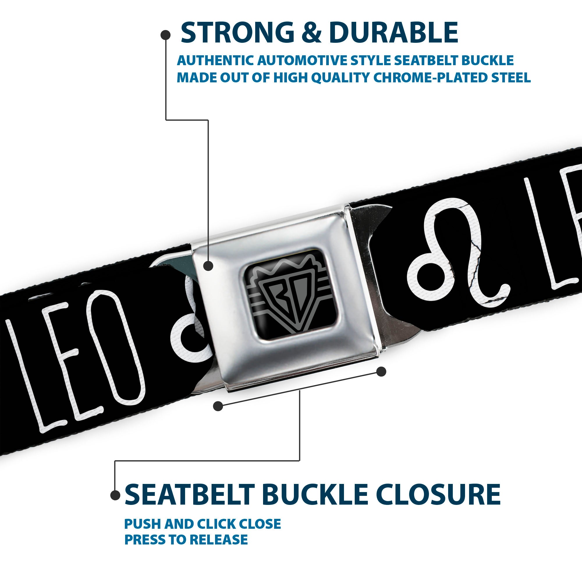 BD Wings Logo CLOSE-UP Full Color Black Silver Seatbelt Belt - Zodiac LEO/Symbol Black/White Webbing Seatbelt Belts Buckle-Down
