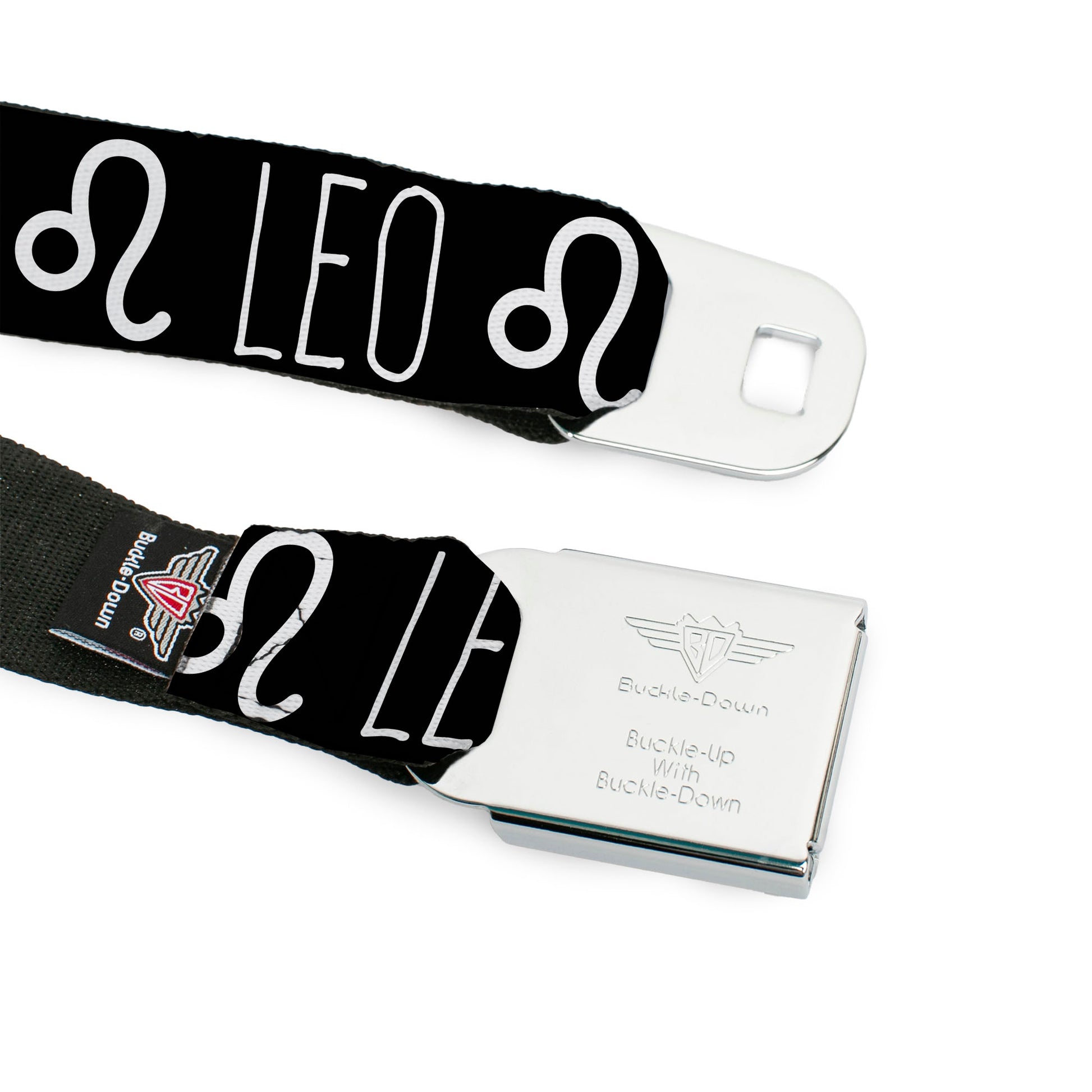 BD Wings Logo CLOSE-UP Full Color Black Silver Seatbelt Belt - Zodiac LEO/Symbol Black/White Webbing Seatbelt Belts Buckle-Down