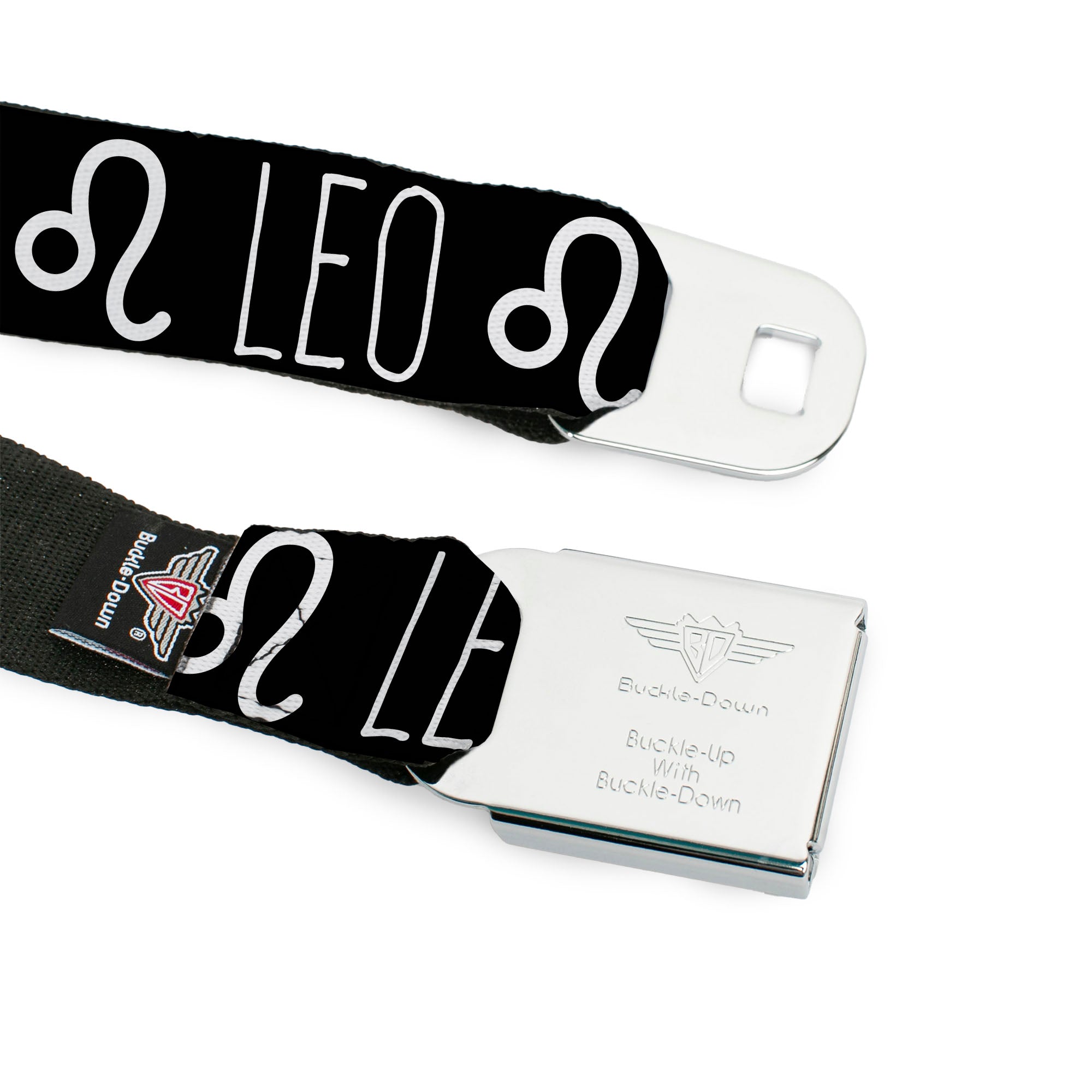 BD Wings Logo CLOSE-UP Full Color Black Silver Seatbelt Belt - Zodiac LEO/Symbol Black/White Webbing Seatbelt Belts Buckle-Down