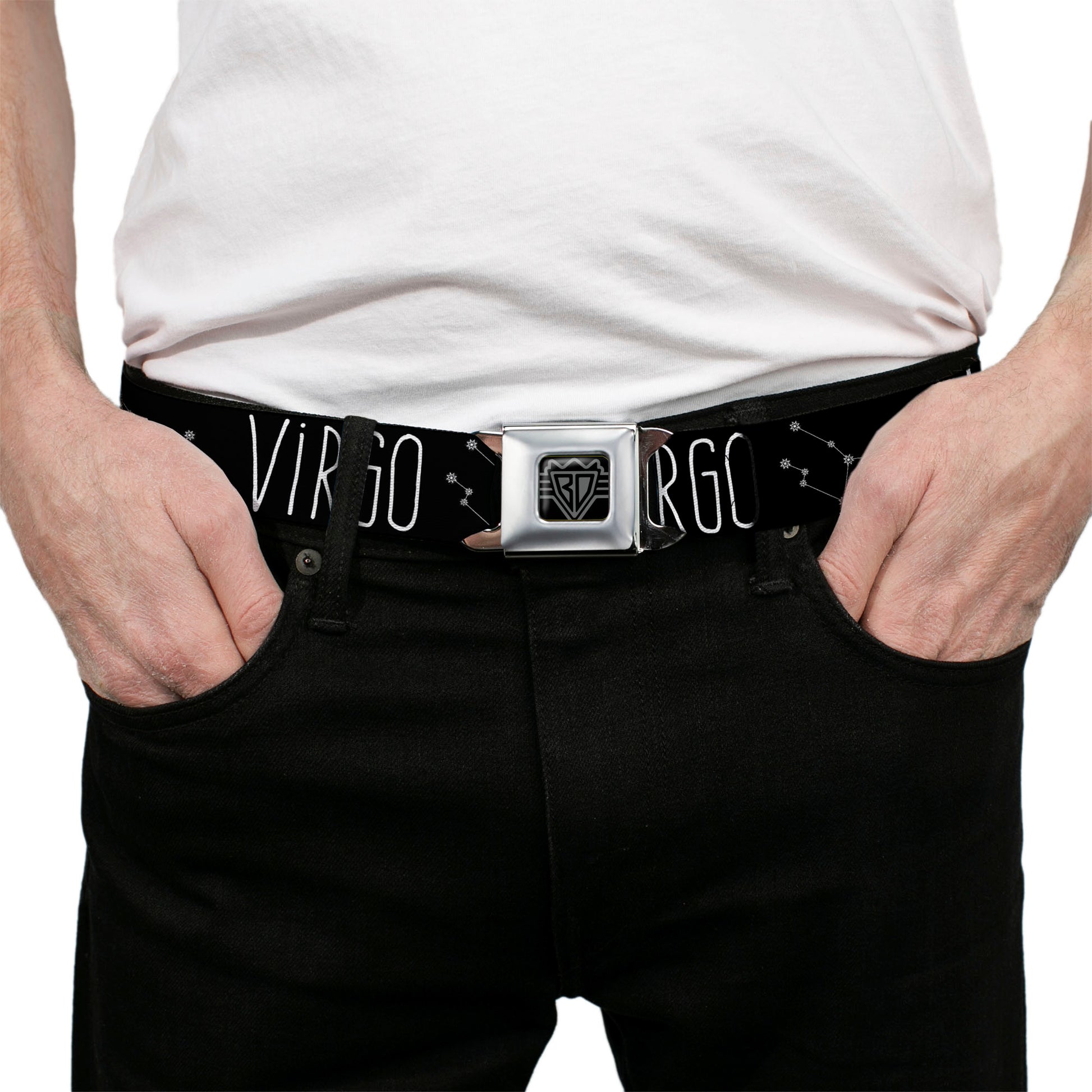 BD Wings Logo CLOSE-UP Full Color Black Silver Seatbelt Belt - Zodiac VIRGO/Constellation Black/White Webbing Seatbelt Belts Buckle-Down