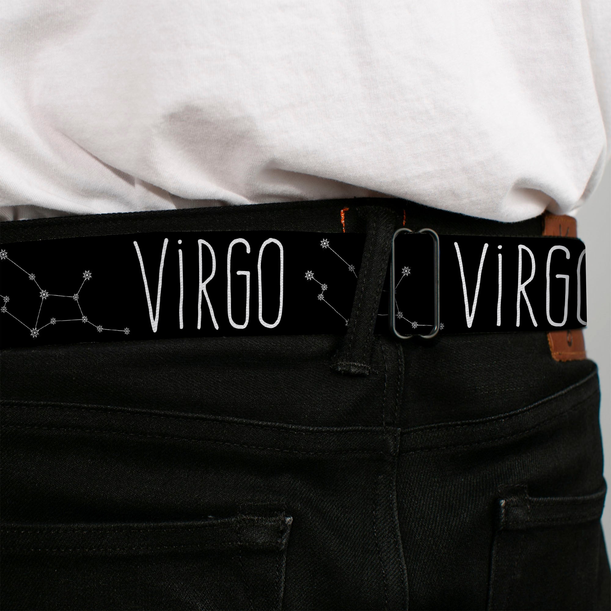 BD Wings Logo CLOSE-UP Full Color Black Silver Seatbelt Belt - Zodiac VIRGO/Constellation Black/White Webbing Seatbelt Belts Buckle-Down