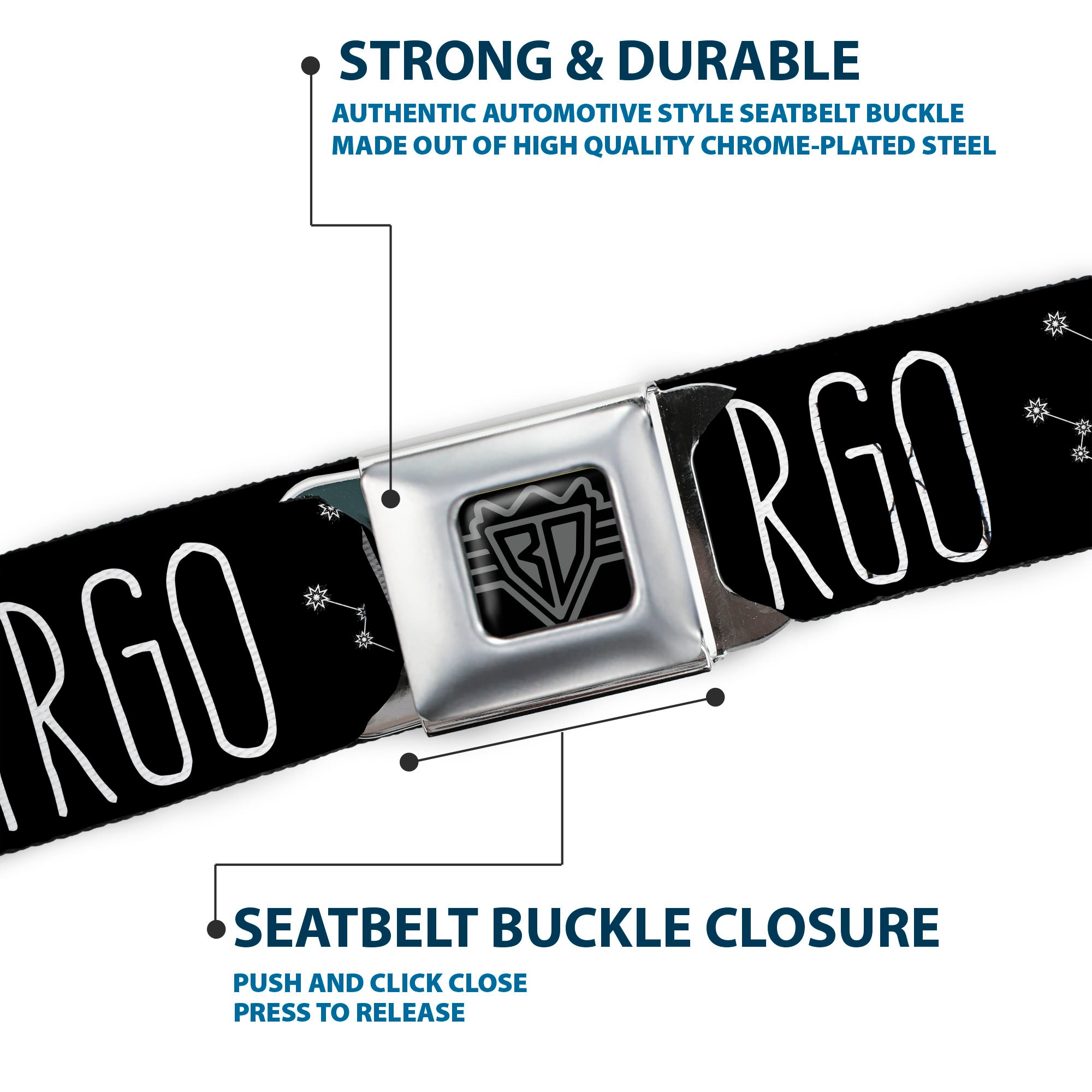 BD Wings Logo CLOSE-UP Full Color Black Silver Seatbelt Belt - Zodiac VIRGO/Constellation Black/White Webbing Seatbelt Belts Buckle-Down