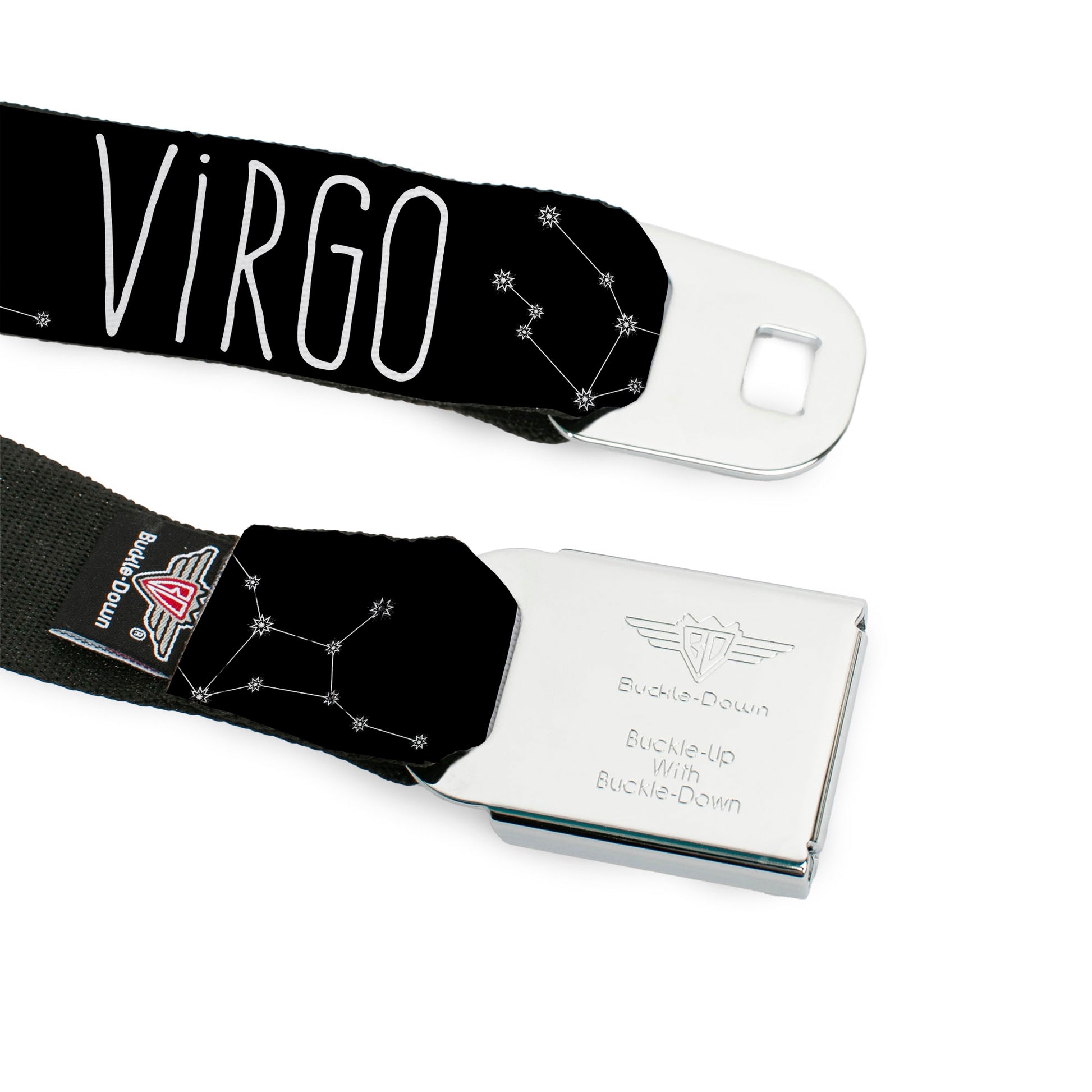 BD Wings Logo CLOSE-UP Full Color Black Silver Seatbelt Belt - Zodiac VIRGO/Constellation Black/White Webbing Seatbelt Belts Buckle-Down