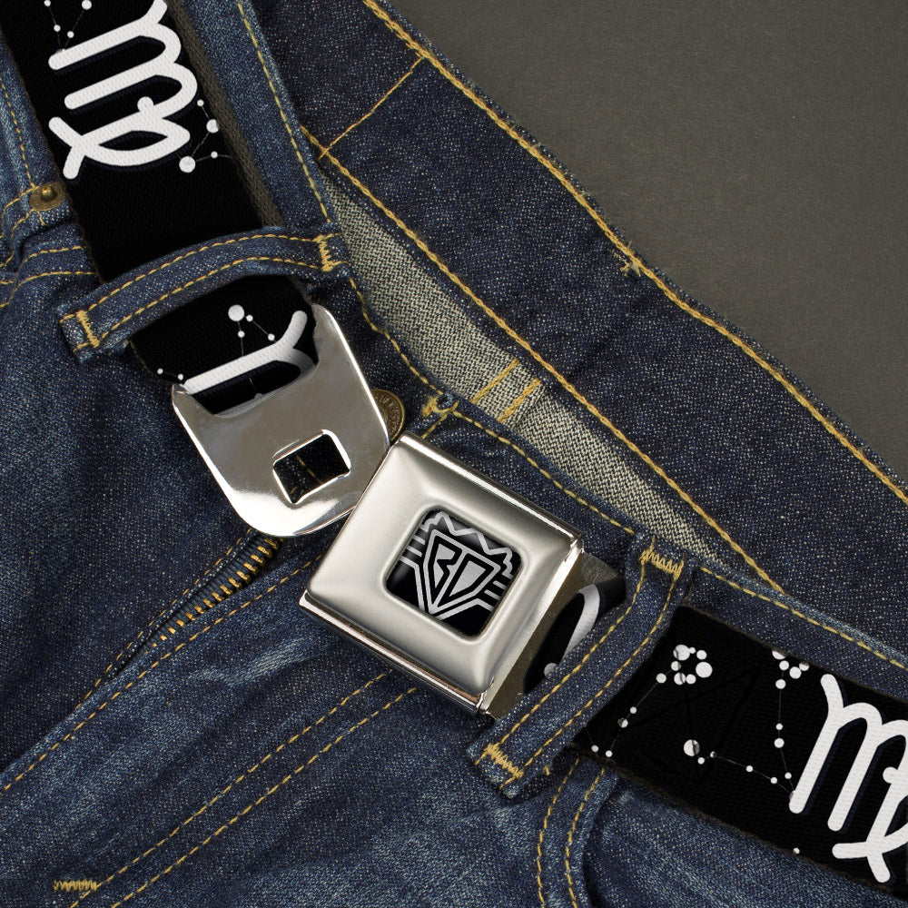 BD Wings Logo CLOSE-UP Full Color Black Silver Seatbelt Belt - Zodiac Virgo Symbol/Constellations Black/White Webbing Seatbelt Belts Buckle-Down