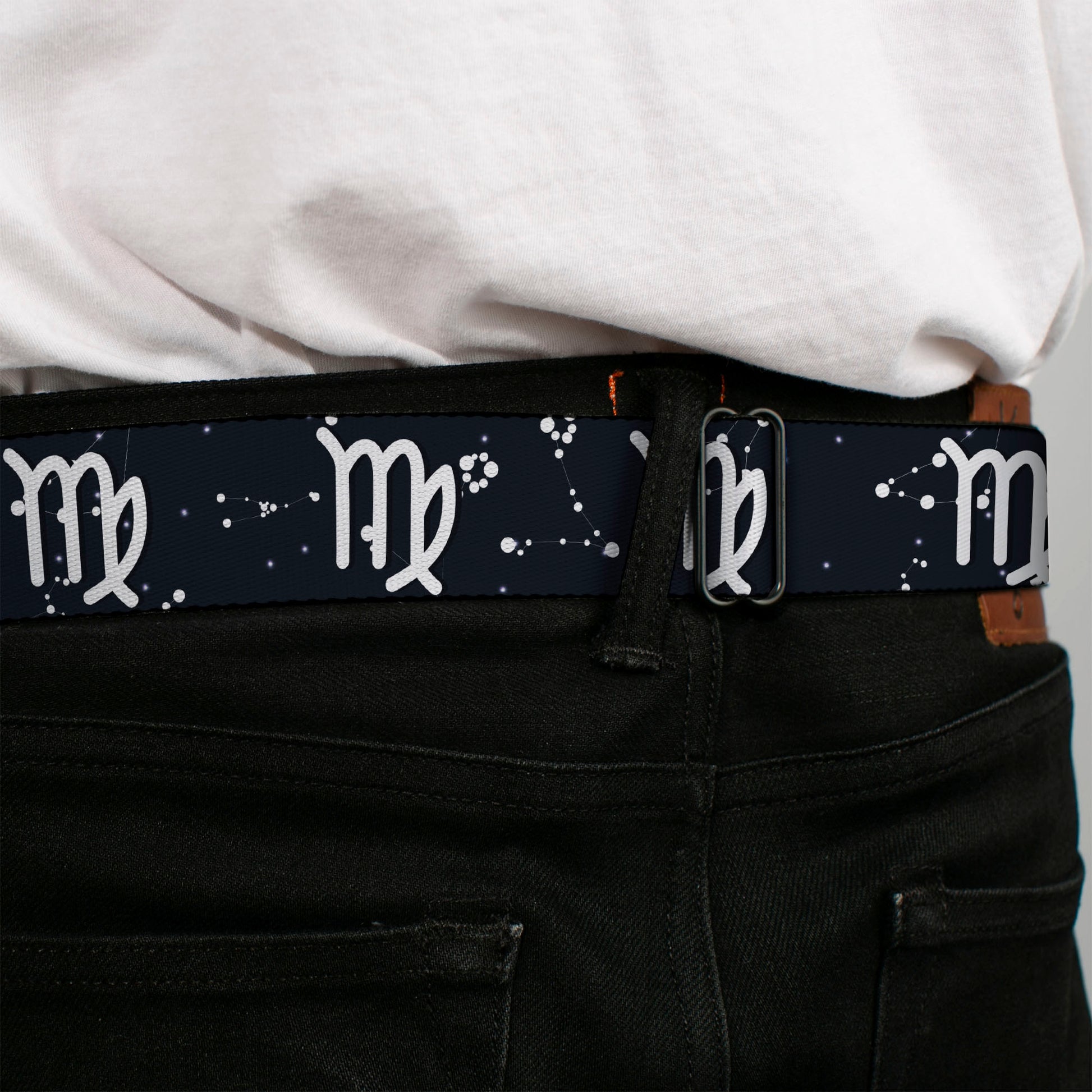 BD Wings Logo CLOSE-UP Full Color Black Silver Seatbelt Belt - Zodiac Virgo Symbol/Constellations Black/White Webbing Seatbelt Belts Buckle-Down