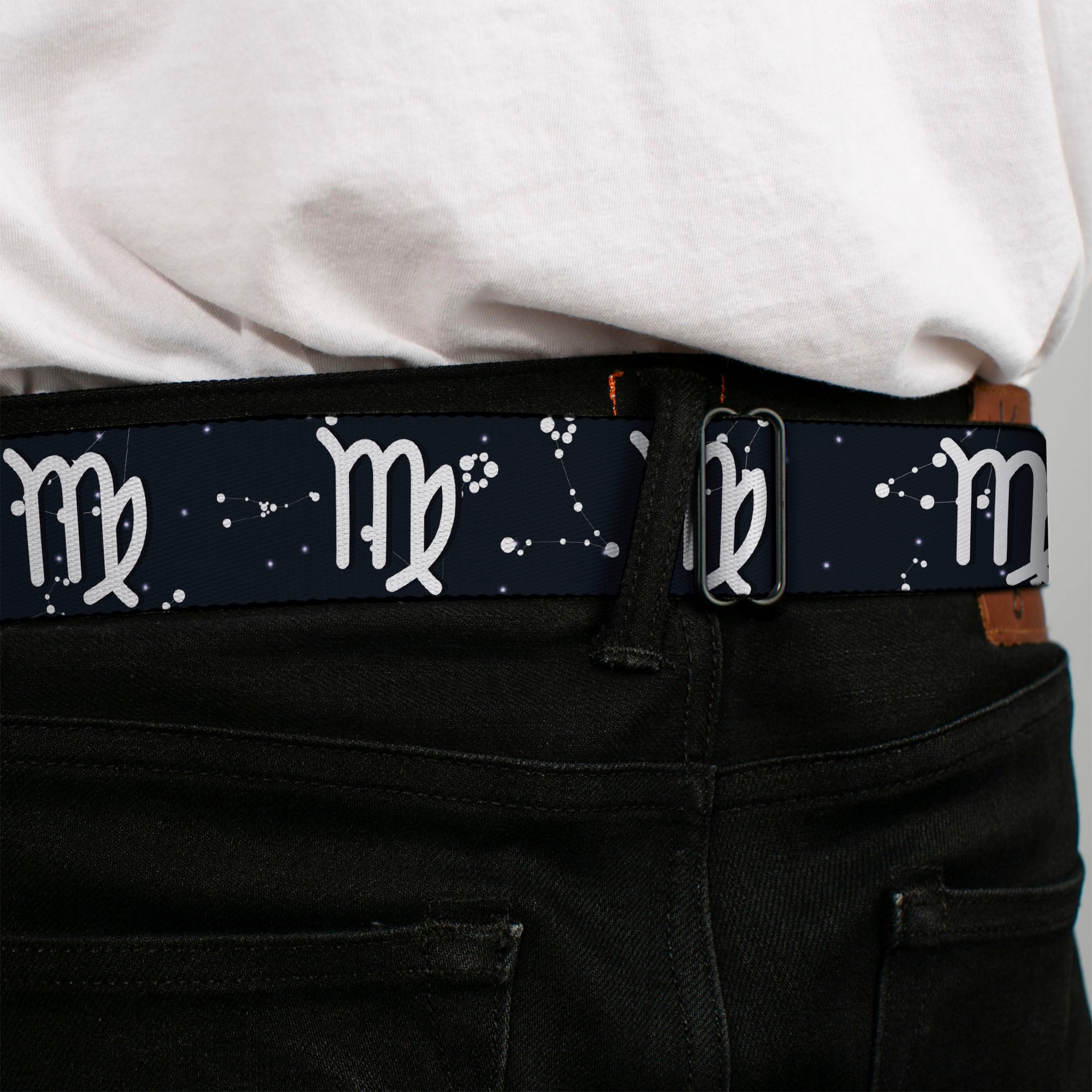 BD Wings Logo CLOSE-UP Full Color Black Silver Seatbelt Belt - Zodiac Virgo Symbol/Constellations Black/White Webbing Seatbelt Belts Buckle-Down