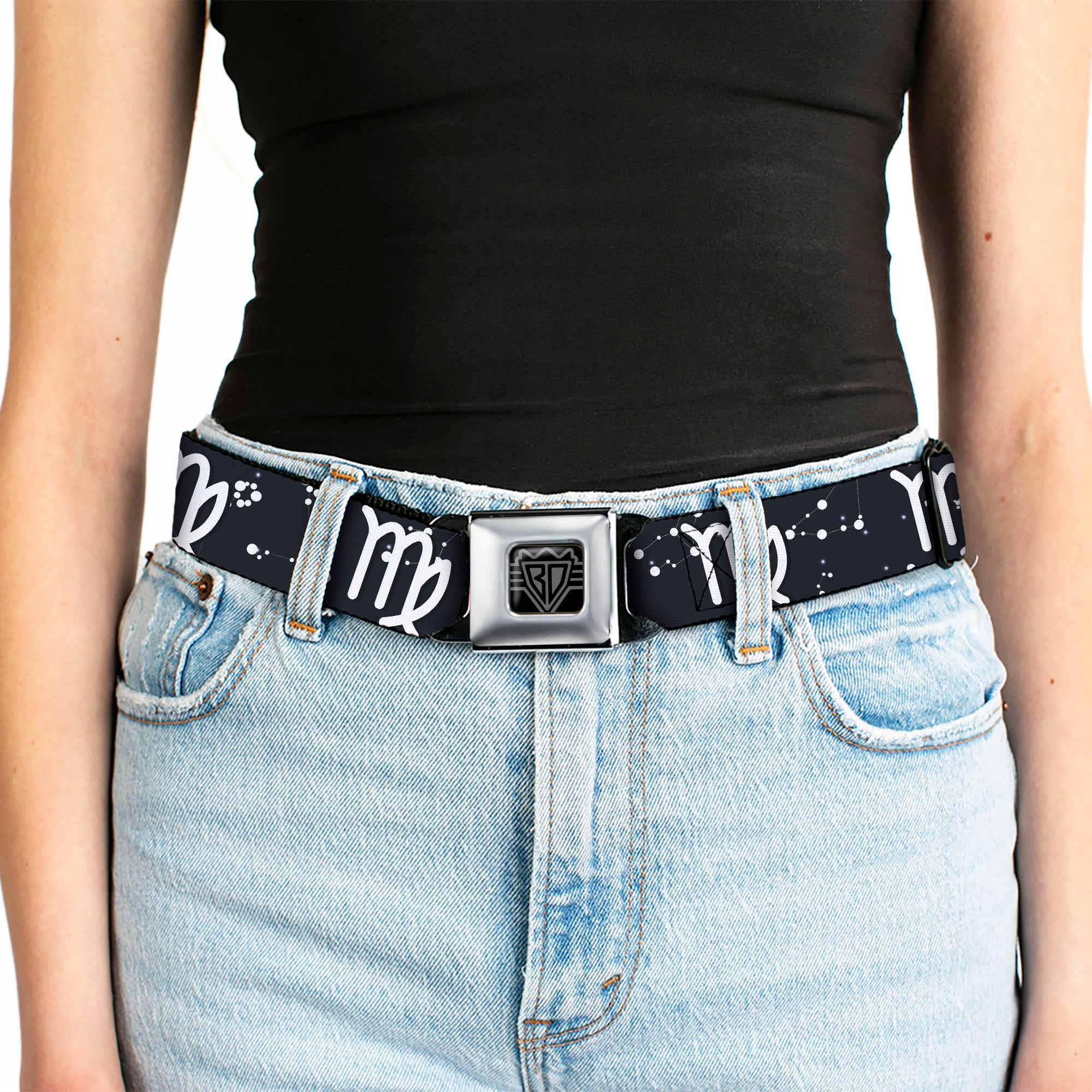 BD Wings Logo CLOSE-UP Full Color Black Silver Seatbelt Belt - Zodiac Virgo Symbol/Constellations Black/White Webbing Seatbelt Belts Buckle-Down