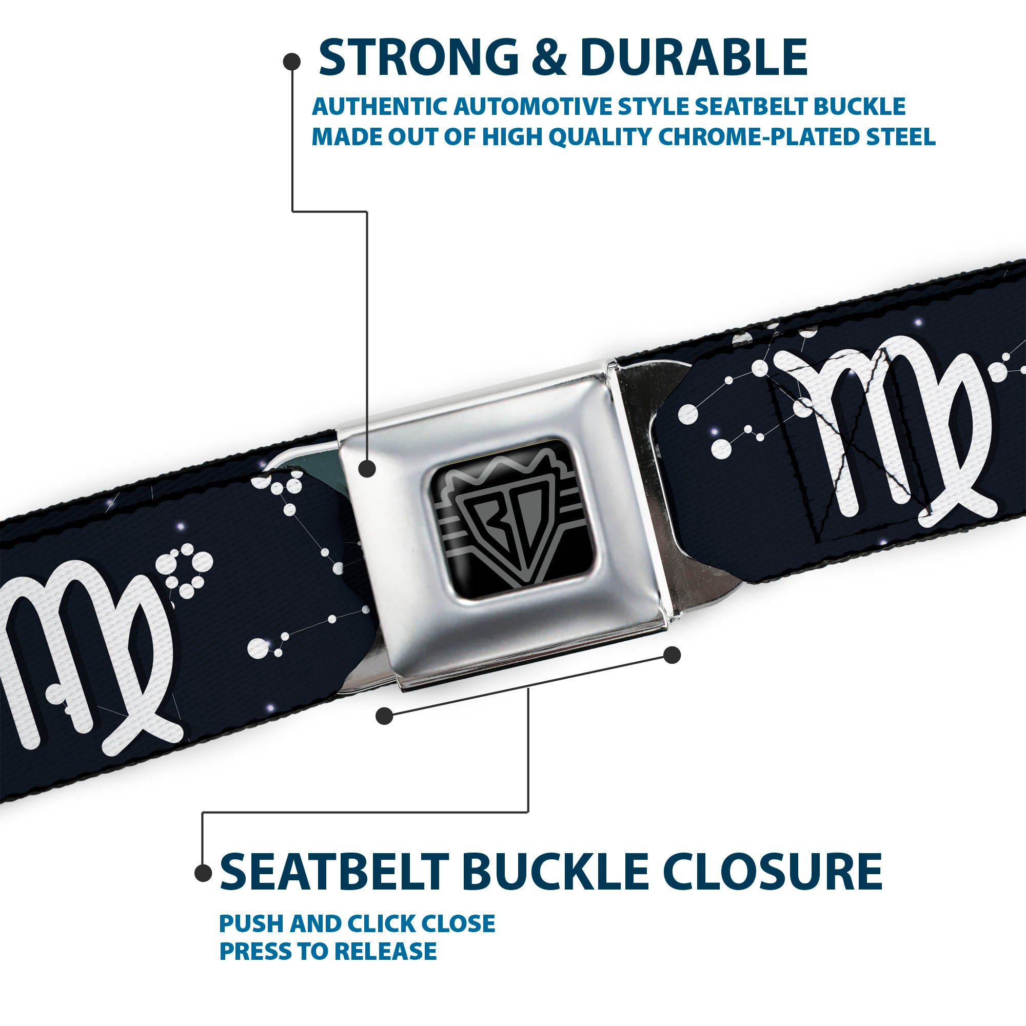BD Wings Logo CLOSE-UP Full Color Black Silver Seatbelt Belt - Zodiac Virgo Symbol/Constellations Black/White Webbing Seatbelt Belts Buckle-Down