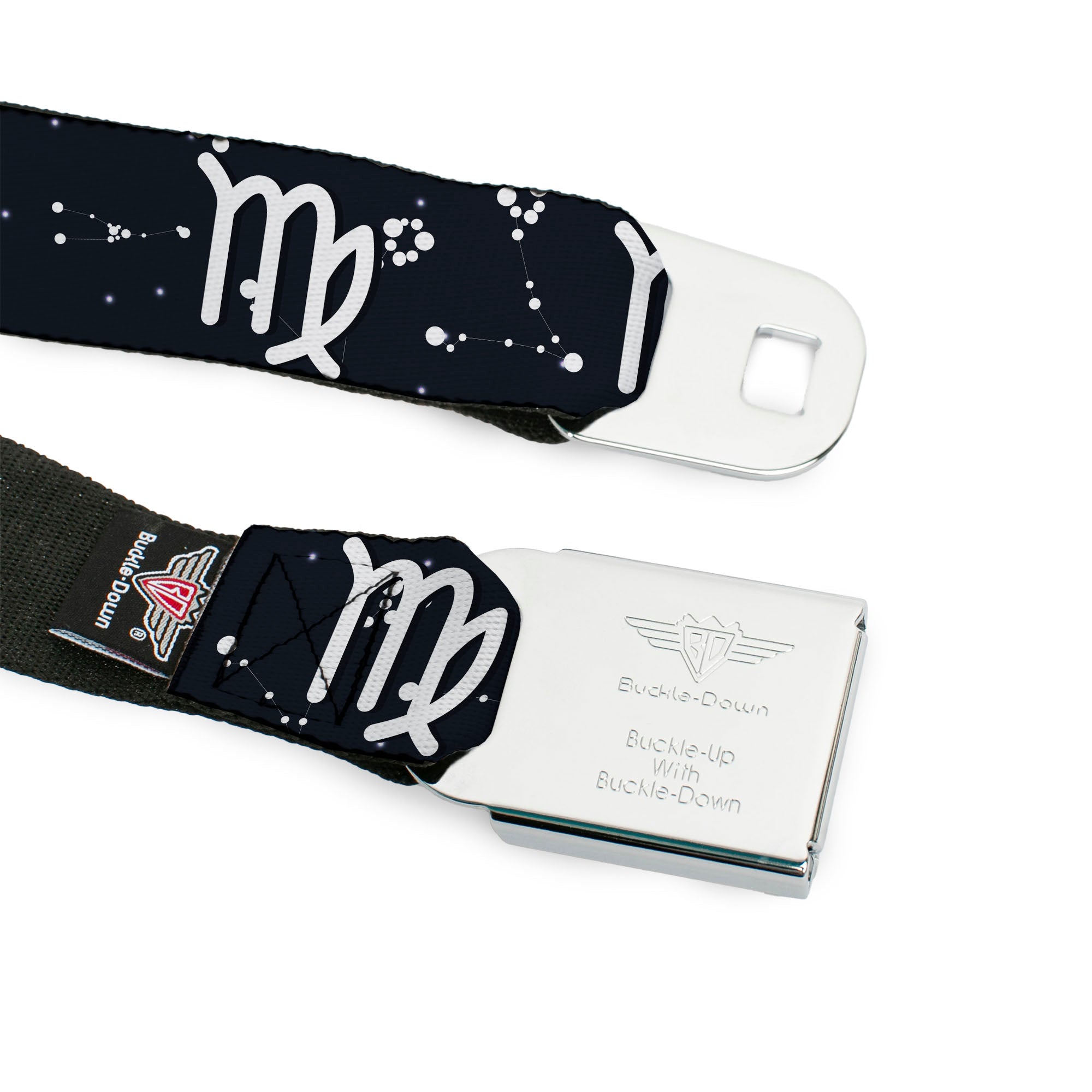 BD Wings Logo CLOSE-UP Full Color Black Silver Seatbelt Belt - Zodiac Virgo Symbol/Constellations Black/White Webbing Seatbelt Belts Buckle-Down