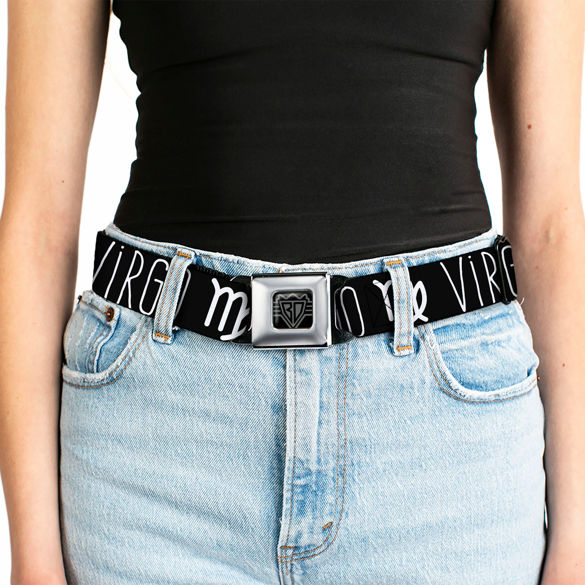 BD Wings Logo CLOSE-UP Full Color Black Silver Seatbelt Belt - Zodiac VIRGO/Symbol Black/White Webbing Seatbelt Belts Buckle-Down