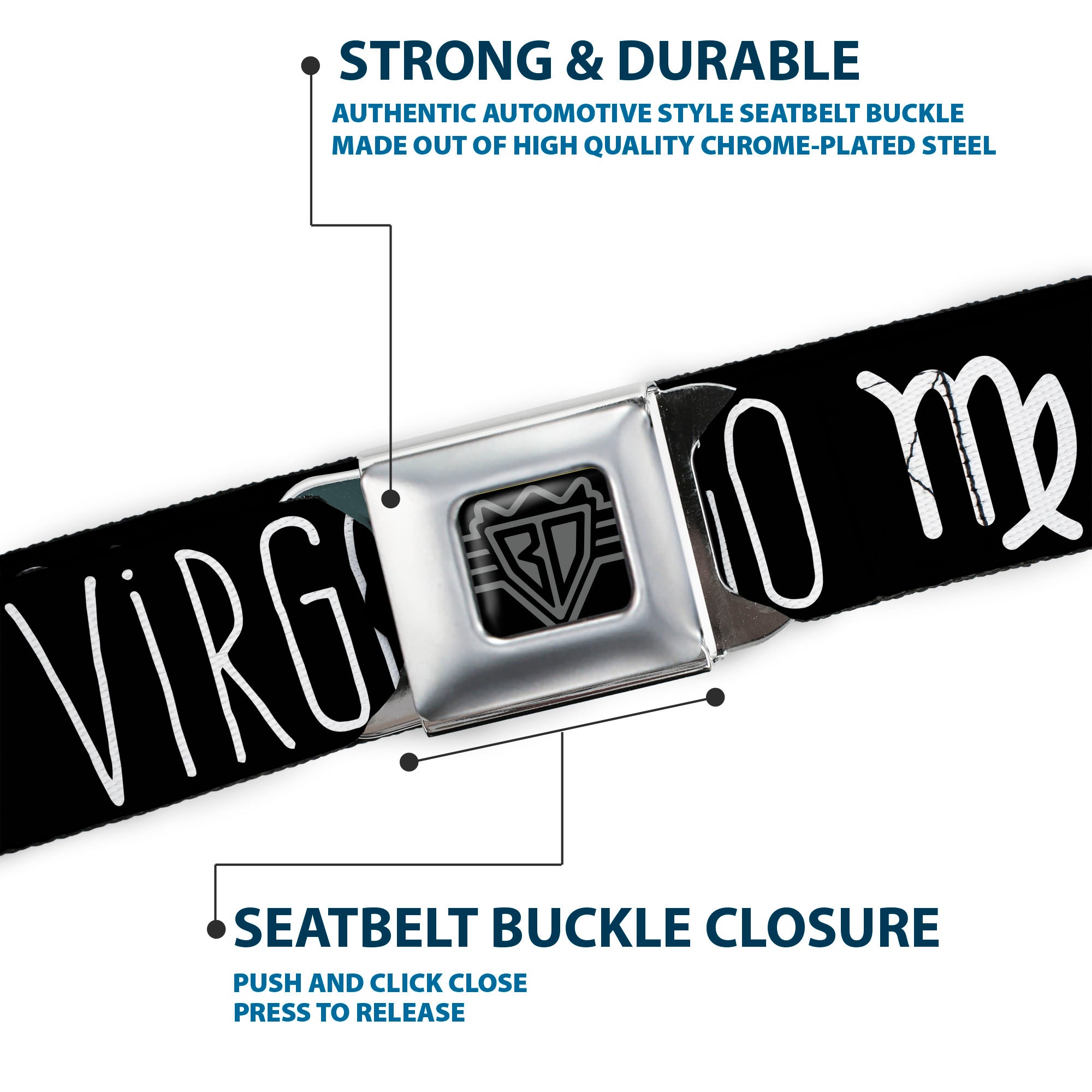 BD Wings Logo CLOSE-UP Full Color Black Silver Seatbelt Belt - Zodiac VIRGO/Symbol Black/White Webbing Seatbelt Belts Buckle-Down