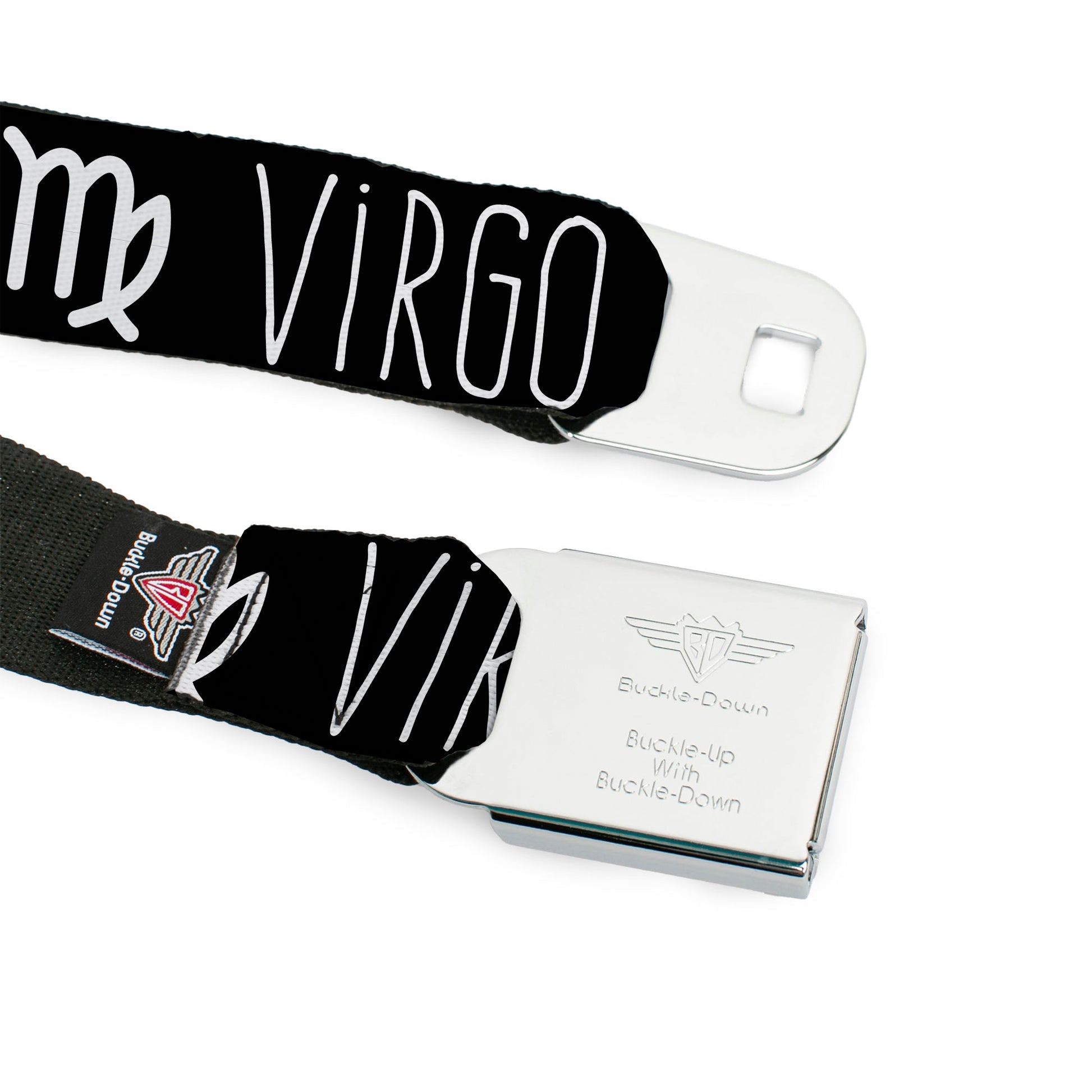 BD Wings Logo CLOSE-UP Full Color Black Silver Seatbelt Belt - Zodiac VIRGO/Symbol Black/White Webbing Seatbelt Belts Buckle-Down