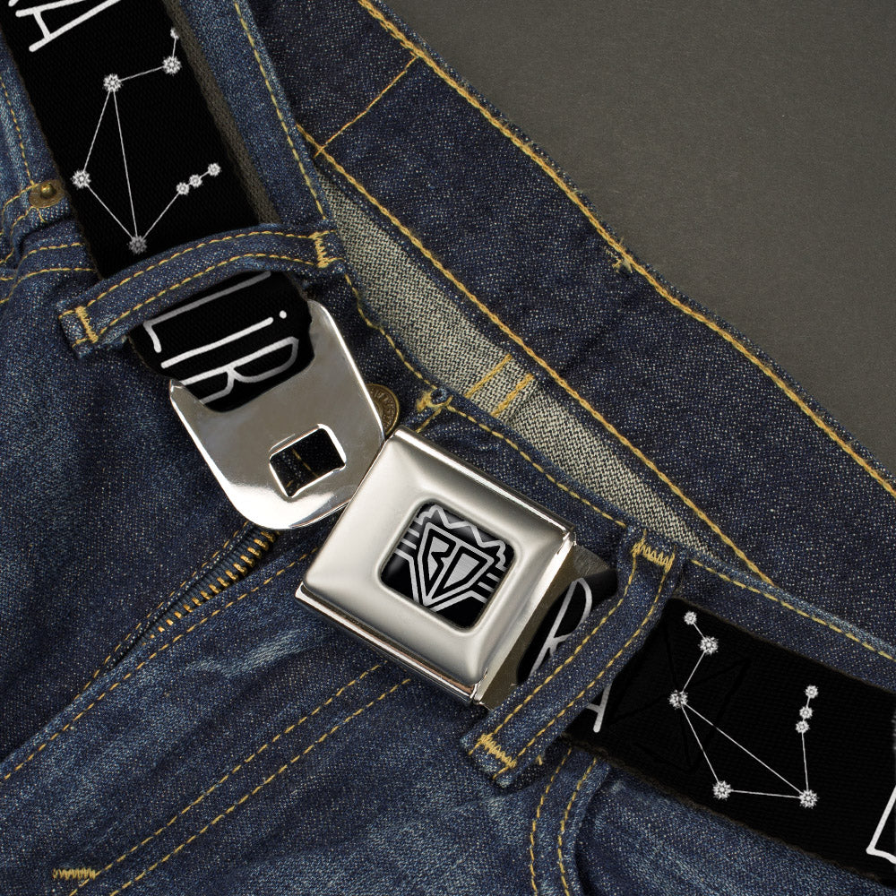 BD Wings Logo CLOSE-UP Full Color Black Silver Seatbelt Belt - Zodiac LIBRA/Constellation Black/White Webbing Seatbelt Belts Buckle-Down