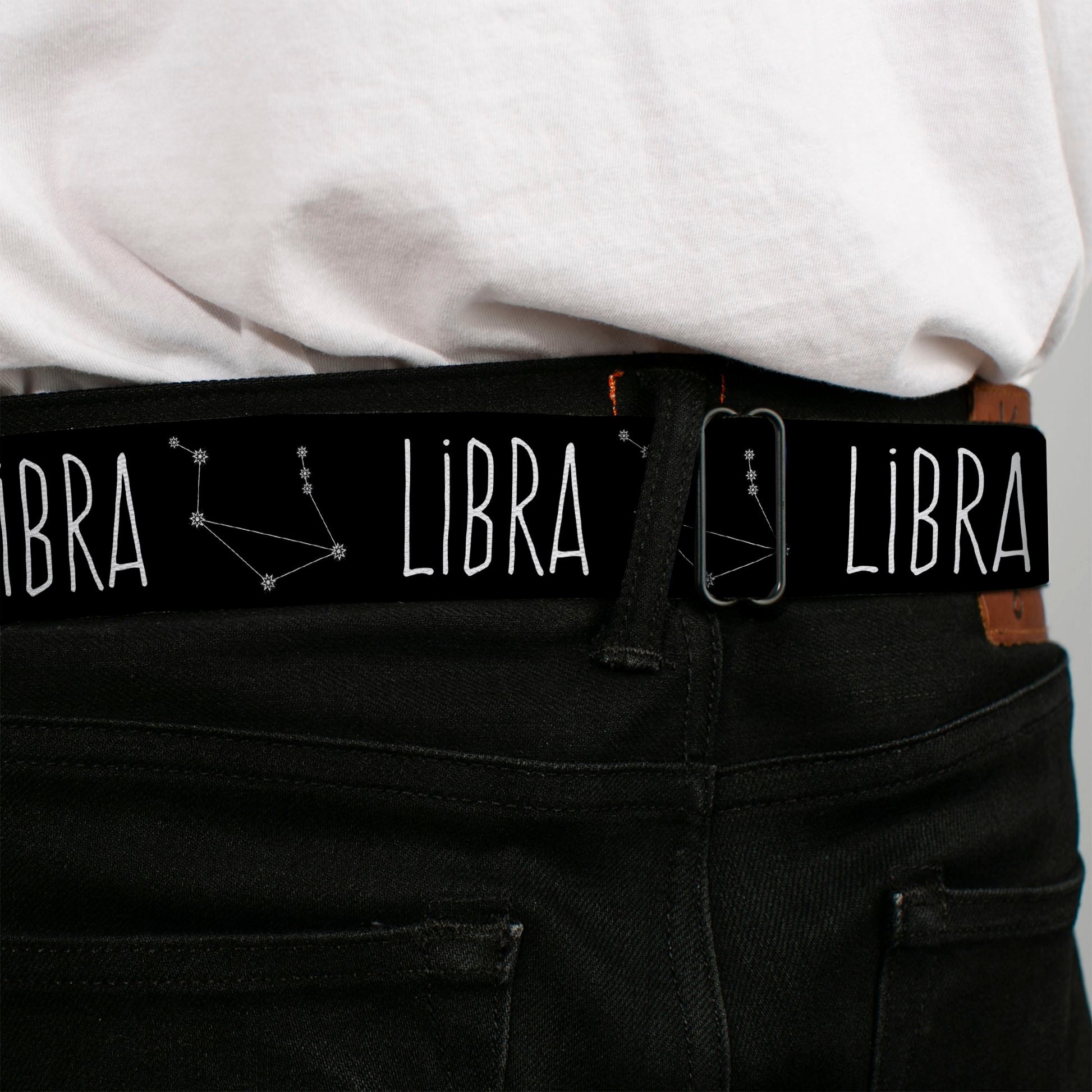 BD Wings Logo CLOSE-UP Full Color Black Silver Seatbelt Belt - Zodiac LIBRA/Constellation Black/White Webbing Seatbelt Belts Buckle-Down