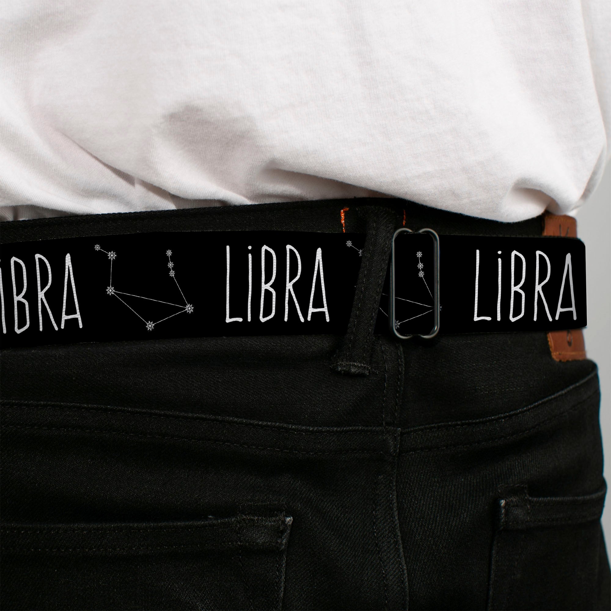 BD Wings Logo CLOSE-UP Full Color Black Silver Seatbelt Belt - Zodiac LIBRA/Constellation Black/White Webbing Seatbelt Belts Buckle-Down