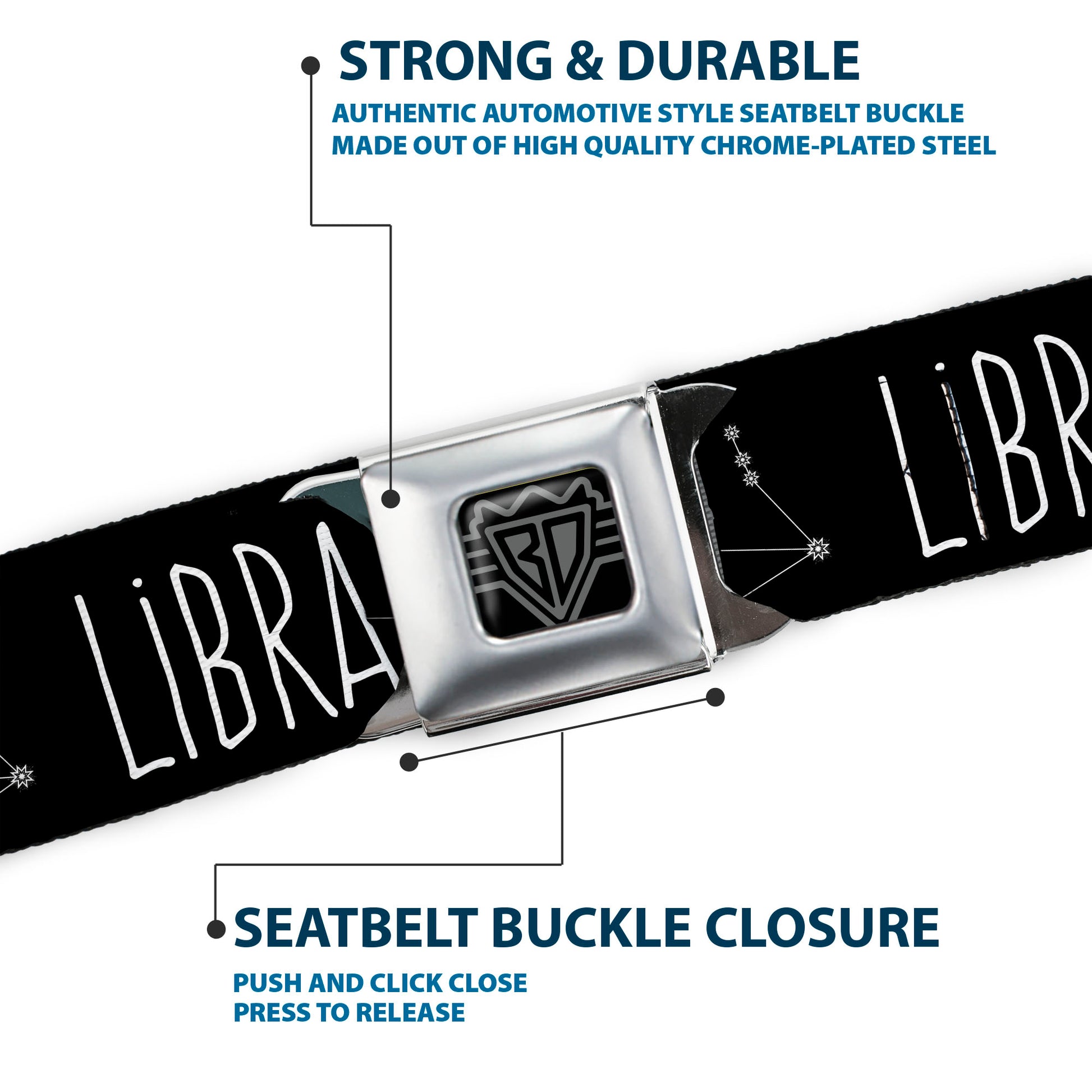 BD Wings Logo CLOSE-UP Full Color Black Silver Seatbelt Belt - Zodiac LIBRA/Constellation Black/White Webbing Seatbelt Belts Buckle-Down