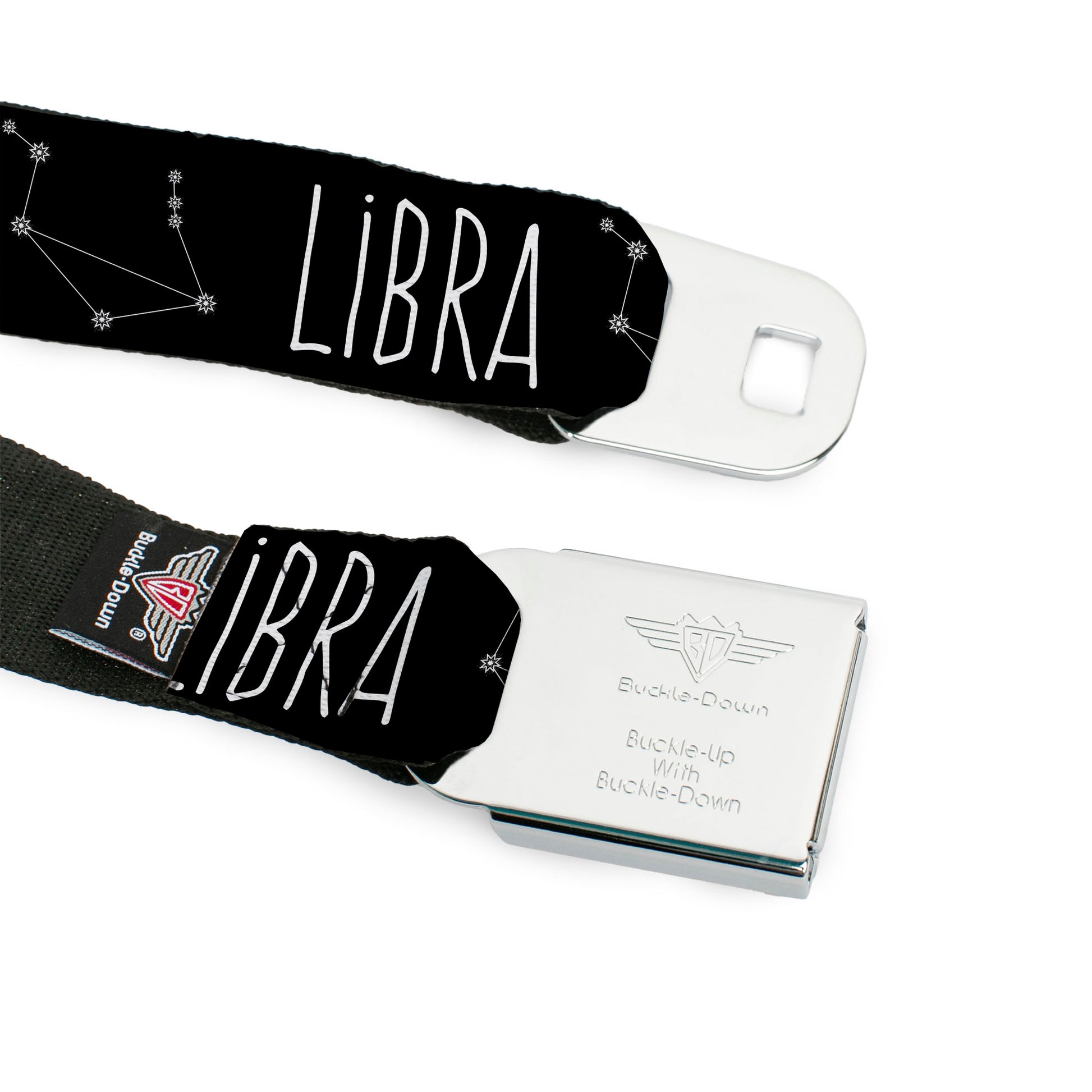 BD Wings Logo CLOSE-UP Full Color Black Silver Seatbelt Belt - Zodiac LIBRA/Constellation Black/White Webbing Seatbelt Belts Buckle-Down