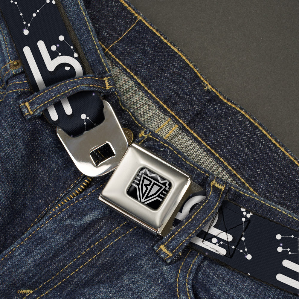 BD Wings Logo CLOSE-UP Full Color Black Silver Seatbelt Belt - Zodiac Libra Symbol/Constellations Black/White Webbing Seatbelt Belts Buckle-Down