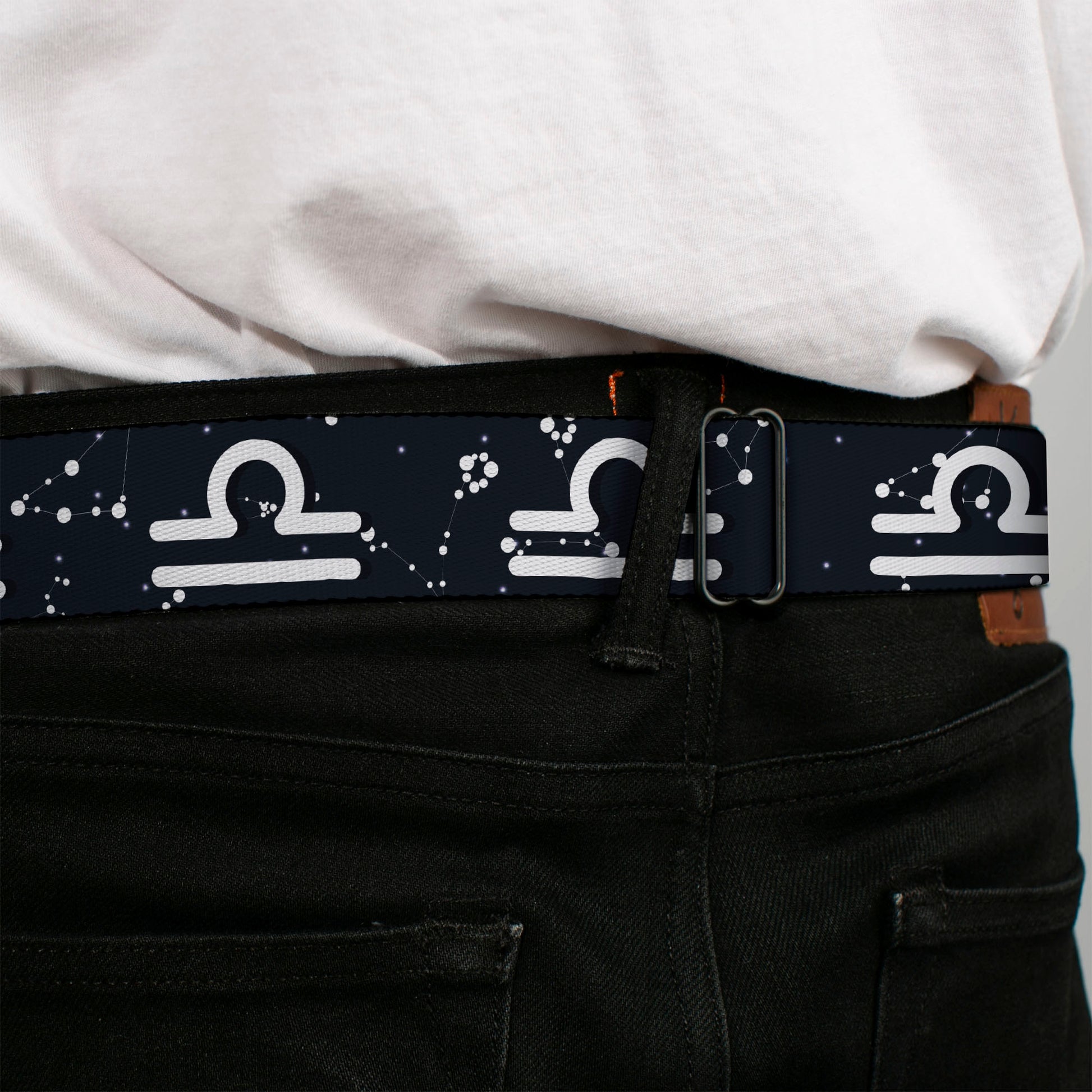 BD Wings Logo CLOSE-UP Full Color Black Silver Seatbelt Belt - Zodiac Libra Symbol/Constellations Black/White Webbing Seatbelt Belts Buckle-Down