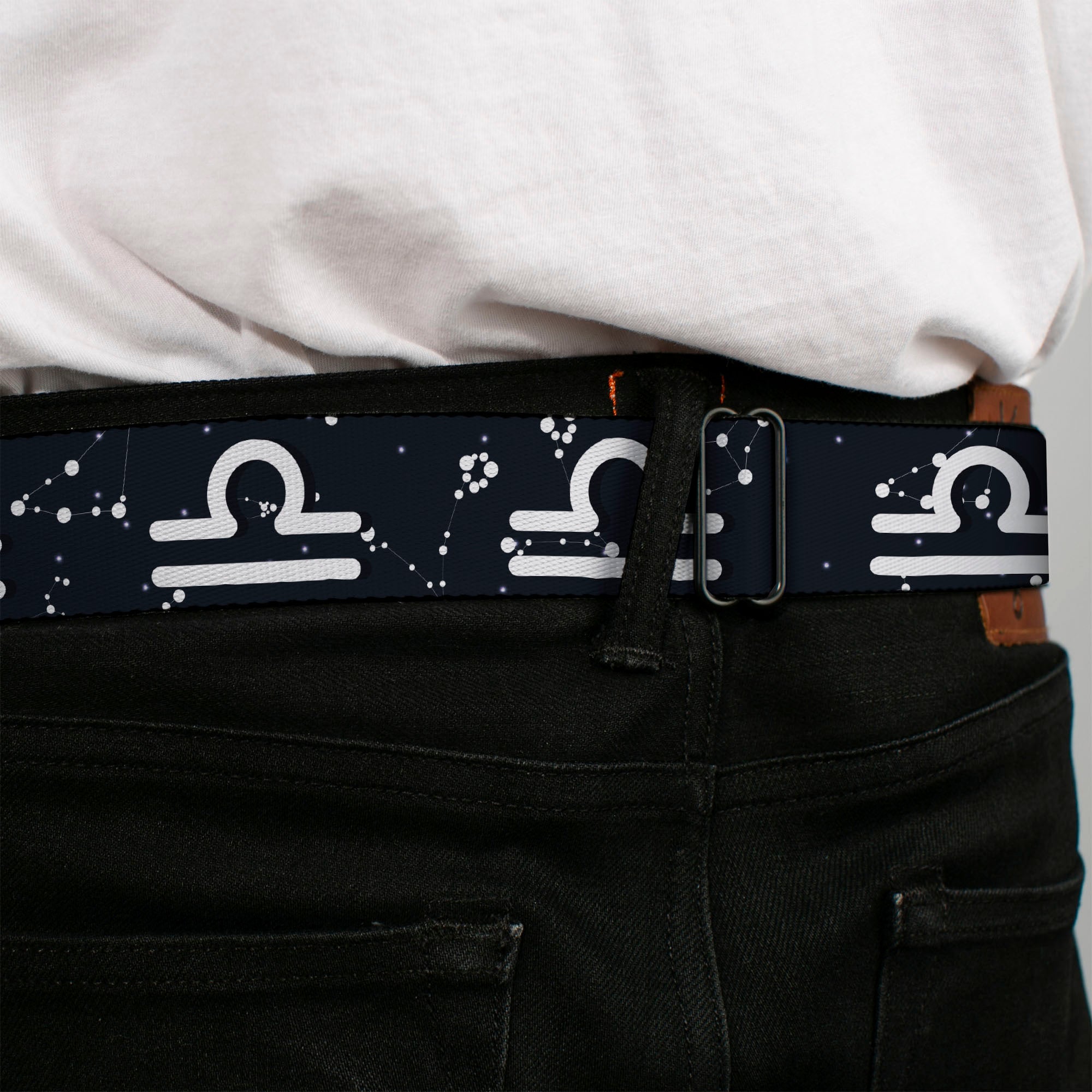 BD Wings Logo CLOSE-UP Full Color Black Silver Seatbelt Belt - Zodiac Libra Symbol/Constellations Black/White Webbing Seatbelt Belts Buckle-Down