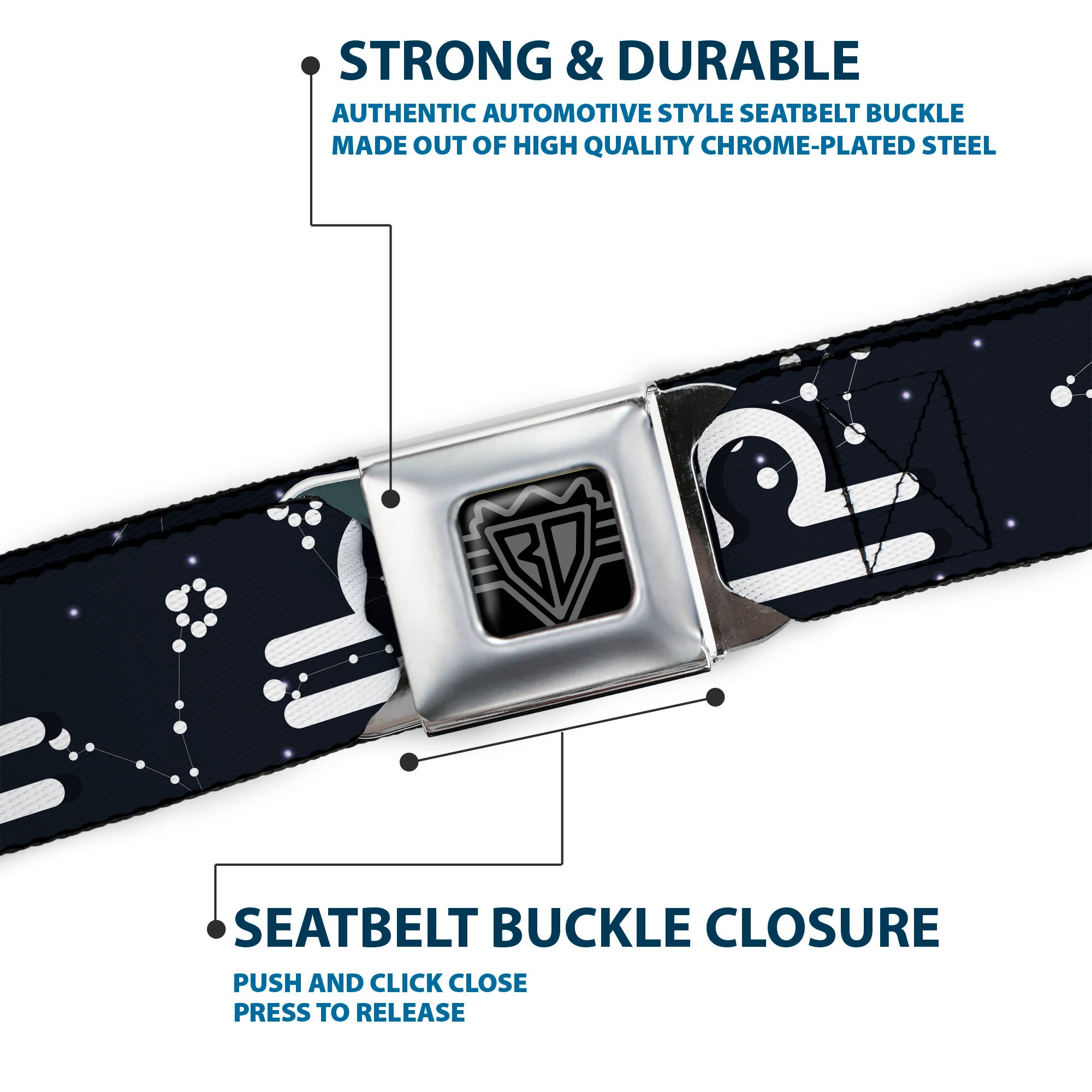 BD Wings Logo CLOSE-UP Full Color Black Silver Seatbelt Belt - Zodiac Libra Symbol/Constellations Black/White Webbing Seatbelt Belts Buckle-Down