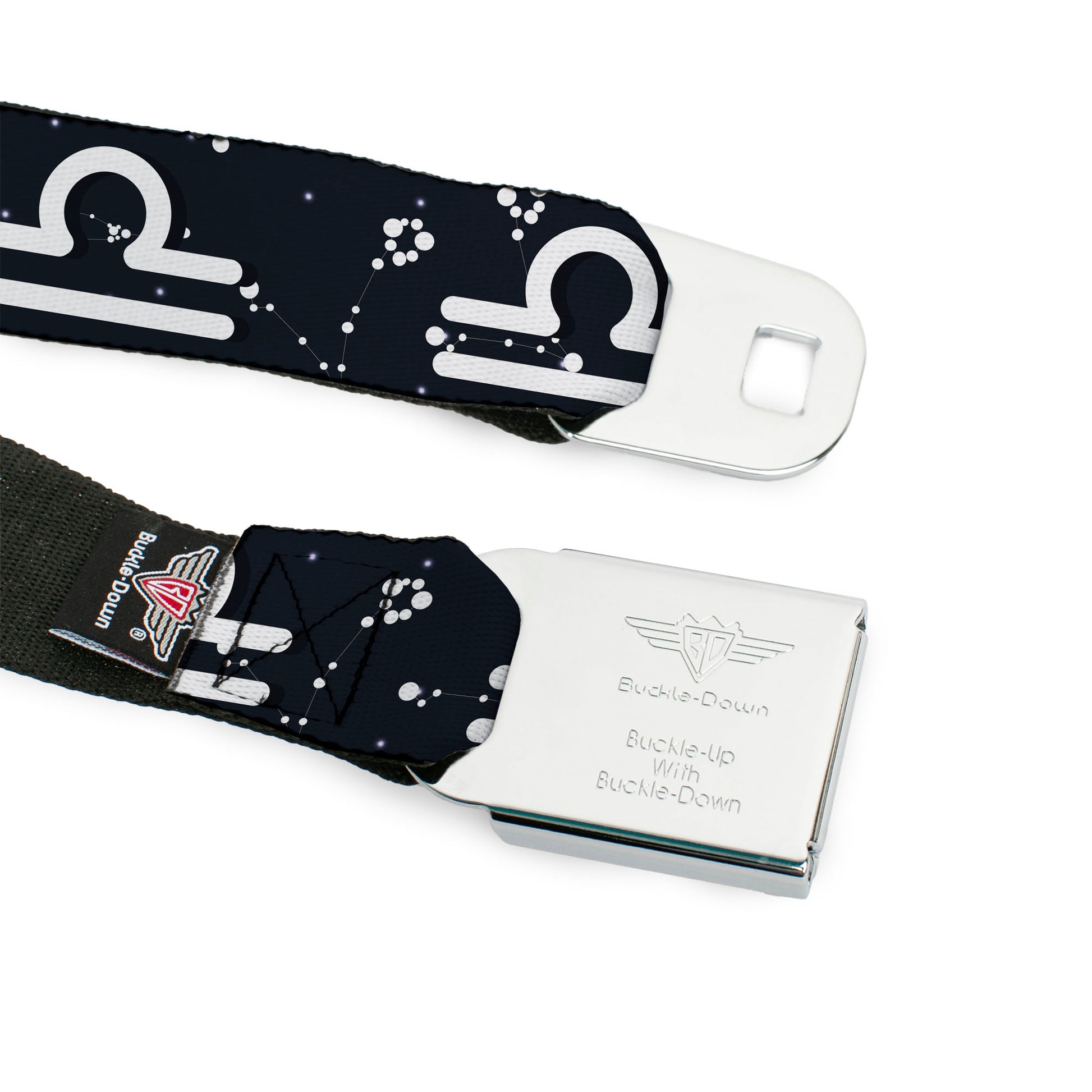 BD Wings Logo CLOSE-UP Full Color Black Silver Seatbelt Belt - Zodiac Libra Symbol/Constellations Black/White Webbing Seatbelt Belts Buckle-Down