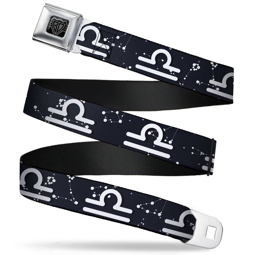 BD Wings Logo CLOSE-UP Full Color Black Silver Seatbelt Belt - Zodiac Libra Symbol/Constellations Black/White Webbing Seatbelt Belts Buckle-Down