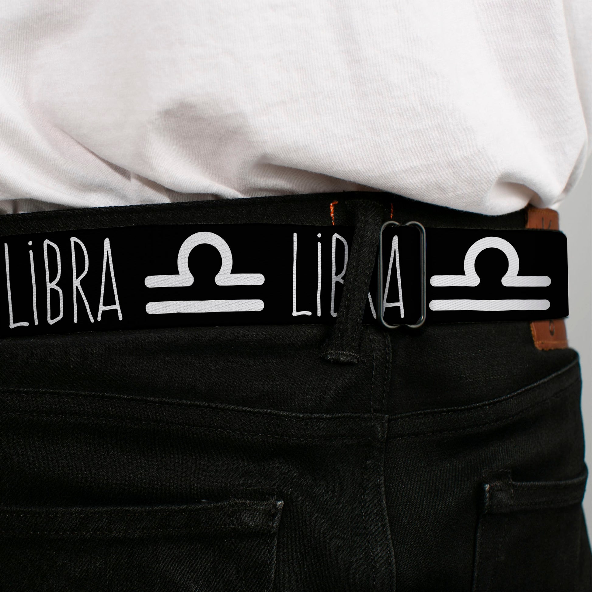 BD Wings Logo CLOSE-UP Full Color Black Silver Seatbelt Belt - Zodiac LIBRA/Symbol Black/White Webbing Seatbelt Belts Buckle-Down