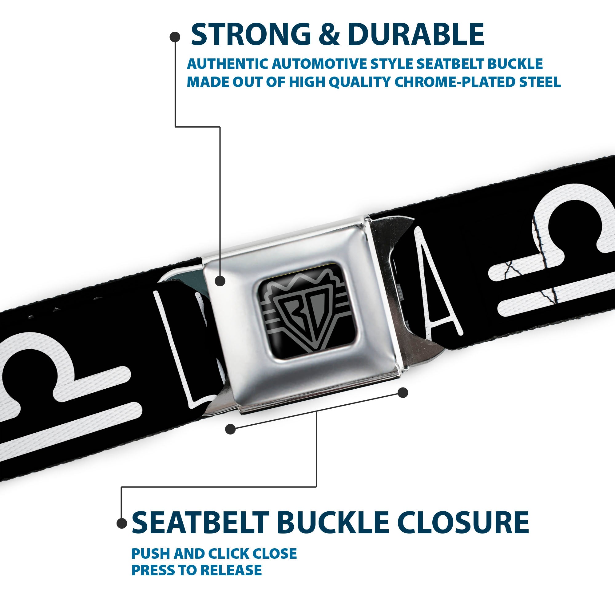 BD Wings Logo CLOSE-UP Full Color Black Silver Seatbelt Belt - Zodiac LIBRA/Symbol Black/White Webbing Seatbelt Belts Buckle-Down