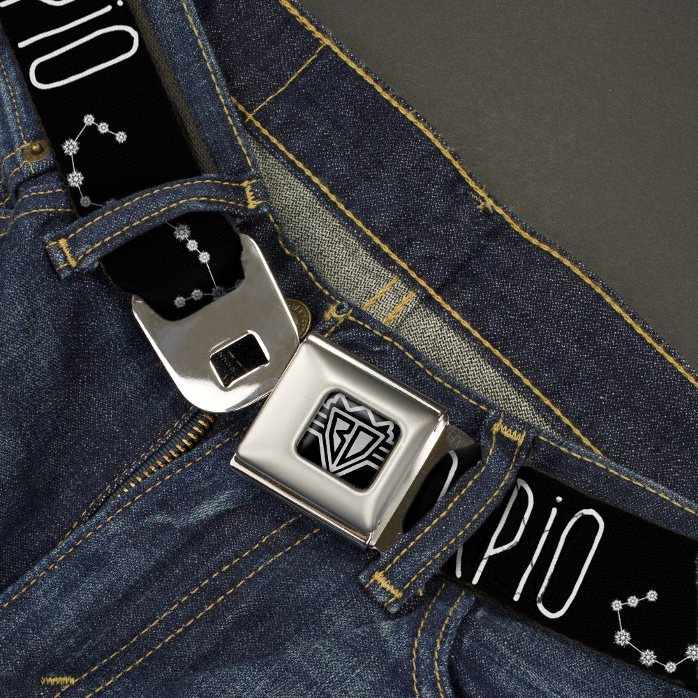 BD Wings Logo CLOSE-UP Full Color Black Silver Seatbelt Belt - Zodiac SCORPIO/Constellation Black/White Webbing Seatbelt Belts Buckle-Down