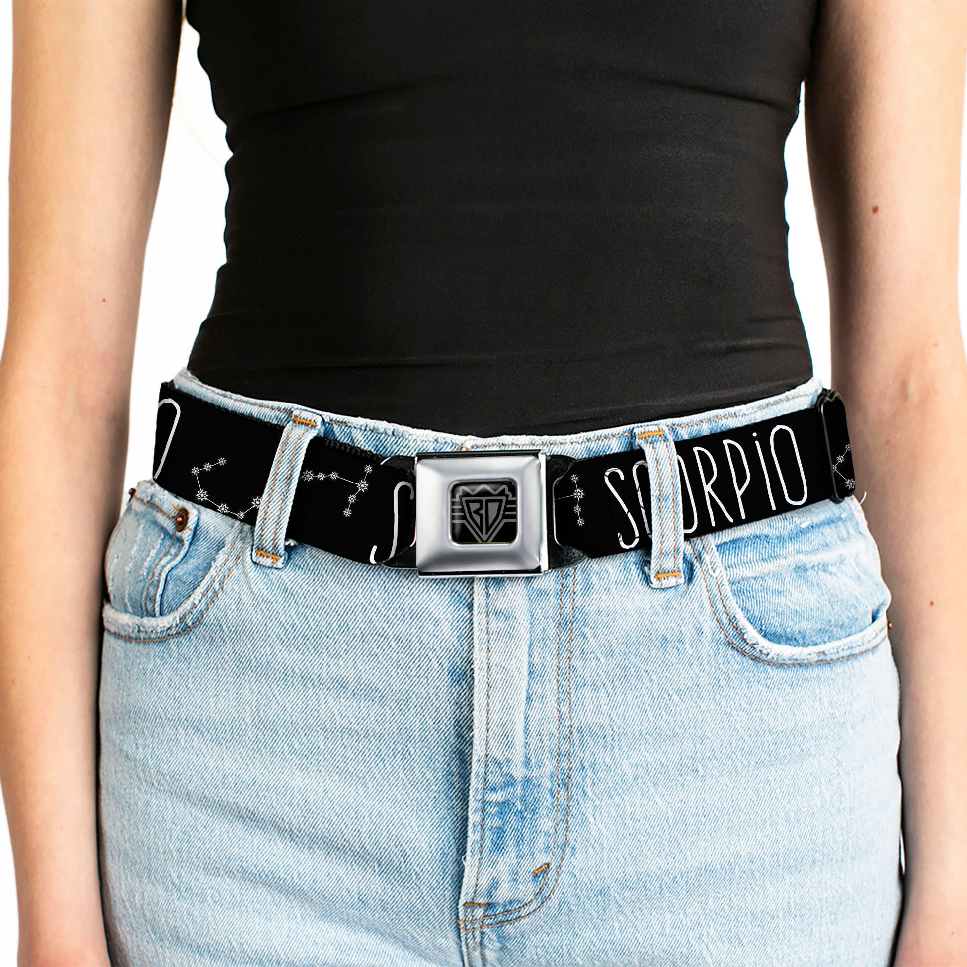 BD Wings Logo CLOSE-UP Full Color Black Silver Seatbelt Belt - Zodiac SCORPIO/Constellation Black/White Webbing Seatbelt Belts Buckle-Down