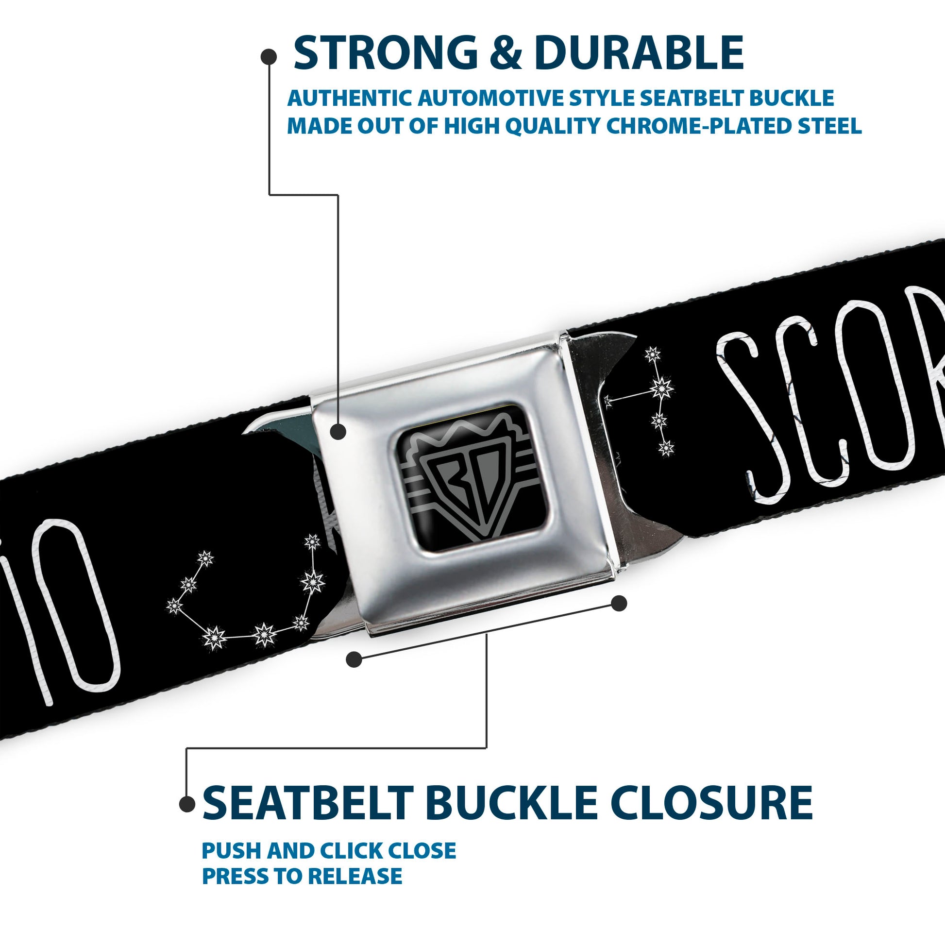 BD Wings Logo CLOSE-UP Full Color Black Silver Seatbelt Belt - Zodiac SCORPIO/Constellation Black/White Webbing Seatbelt Belts Buckle-Down
